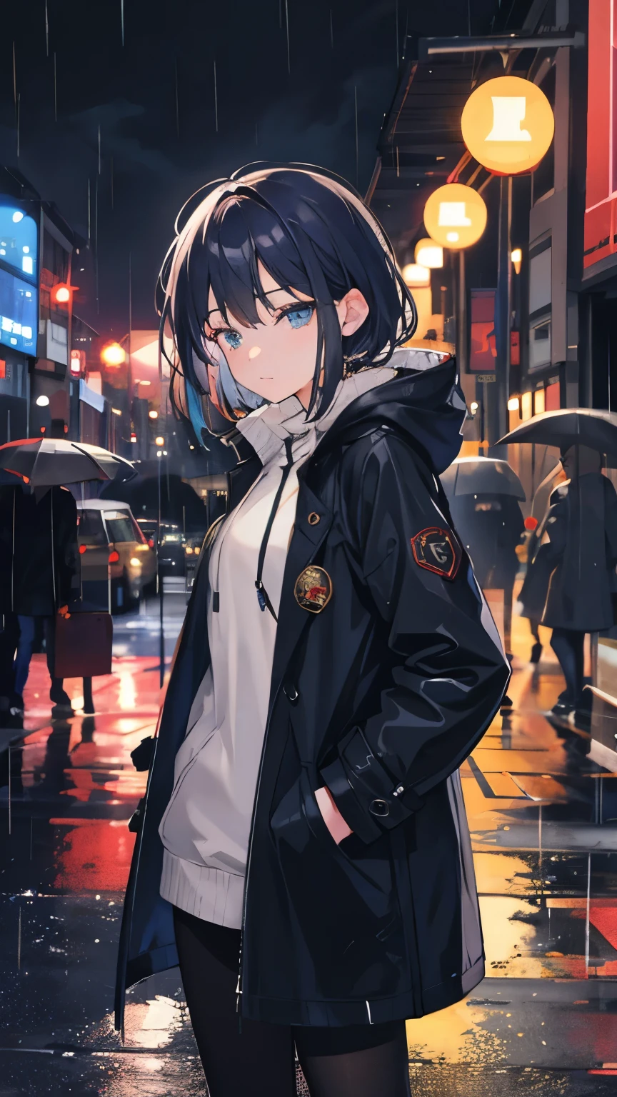 1 girl,City of night,rain,coat,put one's hand in one's pocket