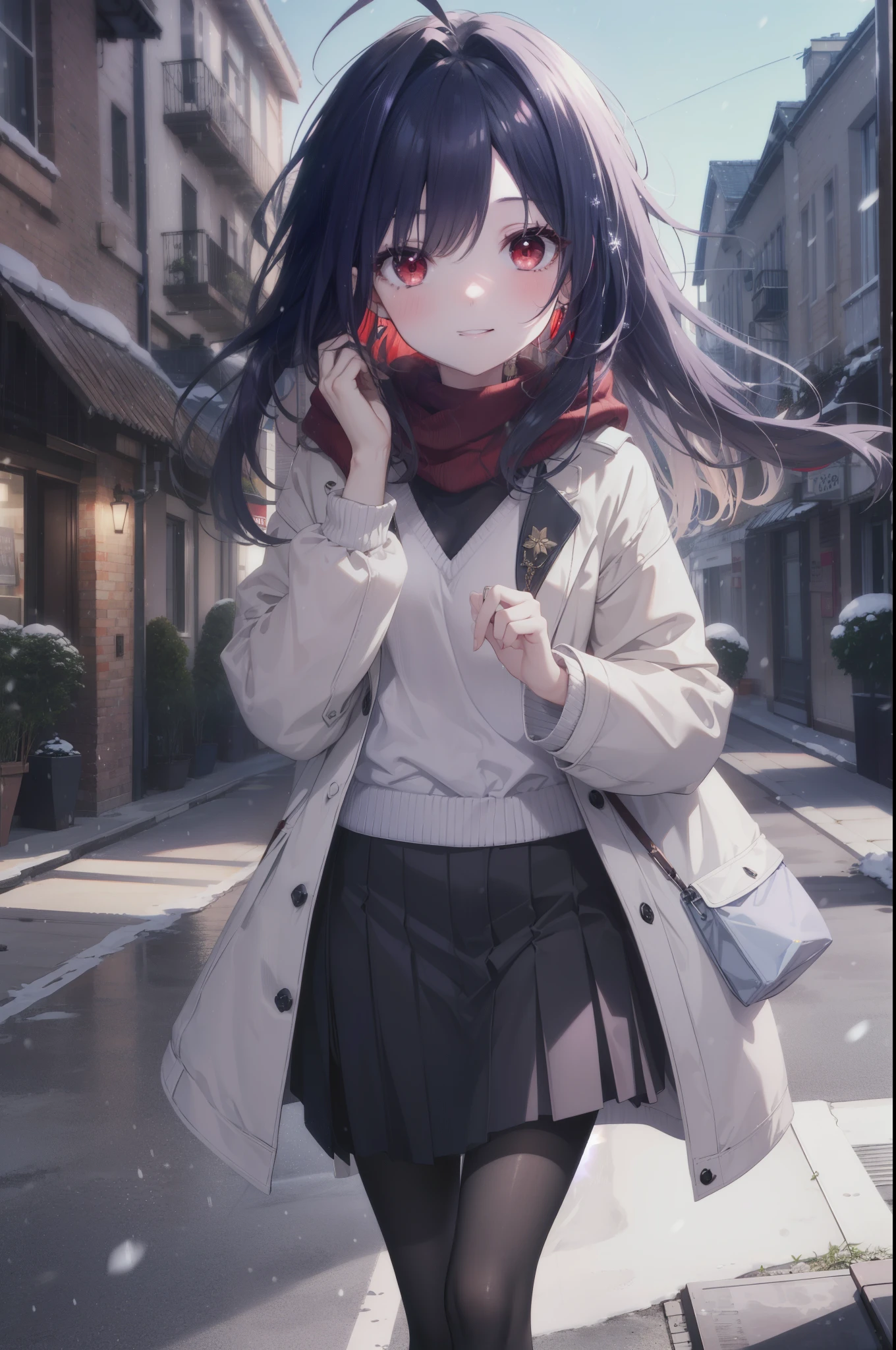 yuukikonno, Yuki Konno, purple hair band, long hair, pointed ears,Ahoge, purple hair, (red eyes:1.5), (small breasts:1.2), Ahoge,mouth open,shy,blush,smile,red muffler,white long coat,black sweater,Red long skirt,short boots,winter,cold sky,It&#39;s snowing,snow is falling,
break looking at viewer, Upper body, whole body,
break outdoors, In town,building street,
break (masterpiece:1.2), highest quality, High resolution, unity 8k wallpaper, (figure:0.8), (detailed and beautiful eyes:1.6), highly detailed face, perfect lighting, Very detailed CG, (perfect hands, perfect anatomy),