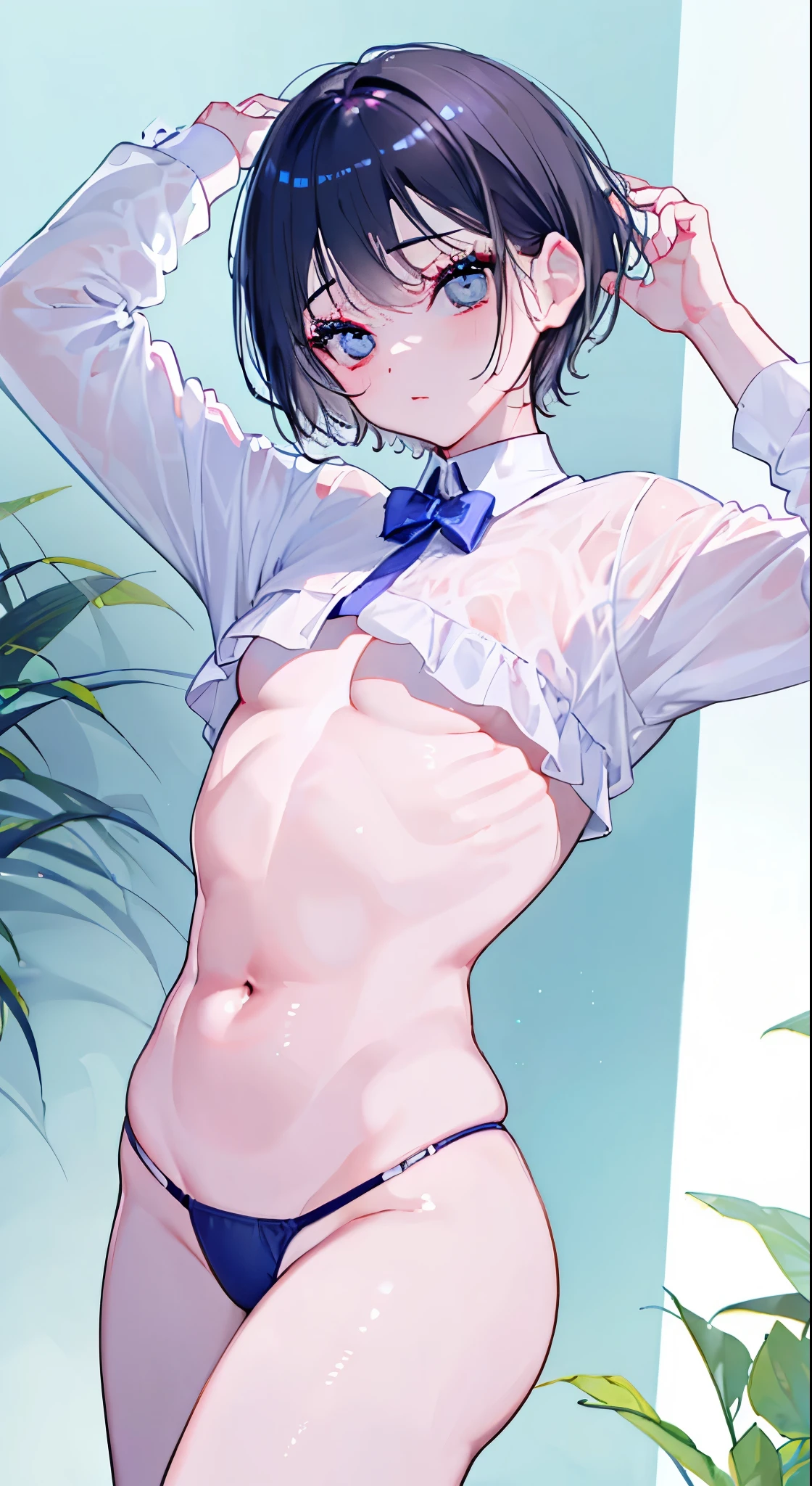 "(perfect masterpiece:1.2), (highest quality:1.2), stunning face, uniform, mature and chubby, big eyes, compensate, long and luxurious eyelashes, lip whole, irresistible charisma.",Maid clothes,belly button,(((boy))),(((very short hair))),abs,raised his arms,micro swimwear,NSFW,muscle