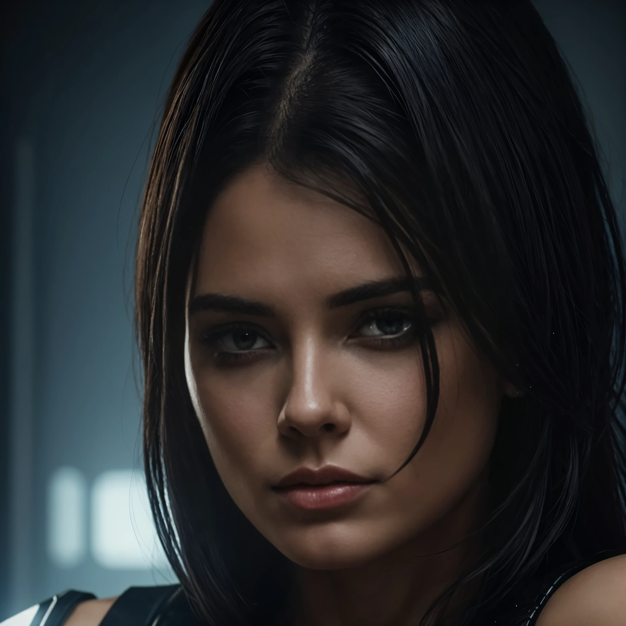 Create a realistic portrait of Kera Marchen, capturing her commanding presence and inner turmoil. Highlight her striking features, including porcelain skin, piercing dark eyes, and flowing midnight hair, in a manner that conveys both beauty and intensity. Ensure her attire reflects her high-ranking officer status and affiliation with ideologies and Supervillain incorporating symbols of power and authority. Depict Kera in a cinematic style, evoking the atmosphere of a dark and dystopian world, with shadows hinting at the internal conflicts and moral dilemmas she faces. Capture her essence with precision, conveying the complexity of her character and the relentless drive that defines her journey.