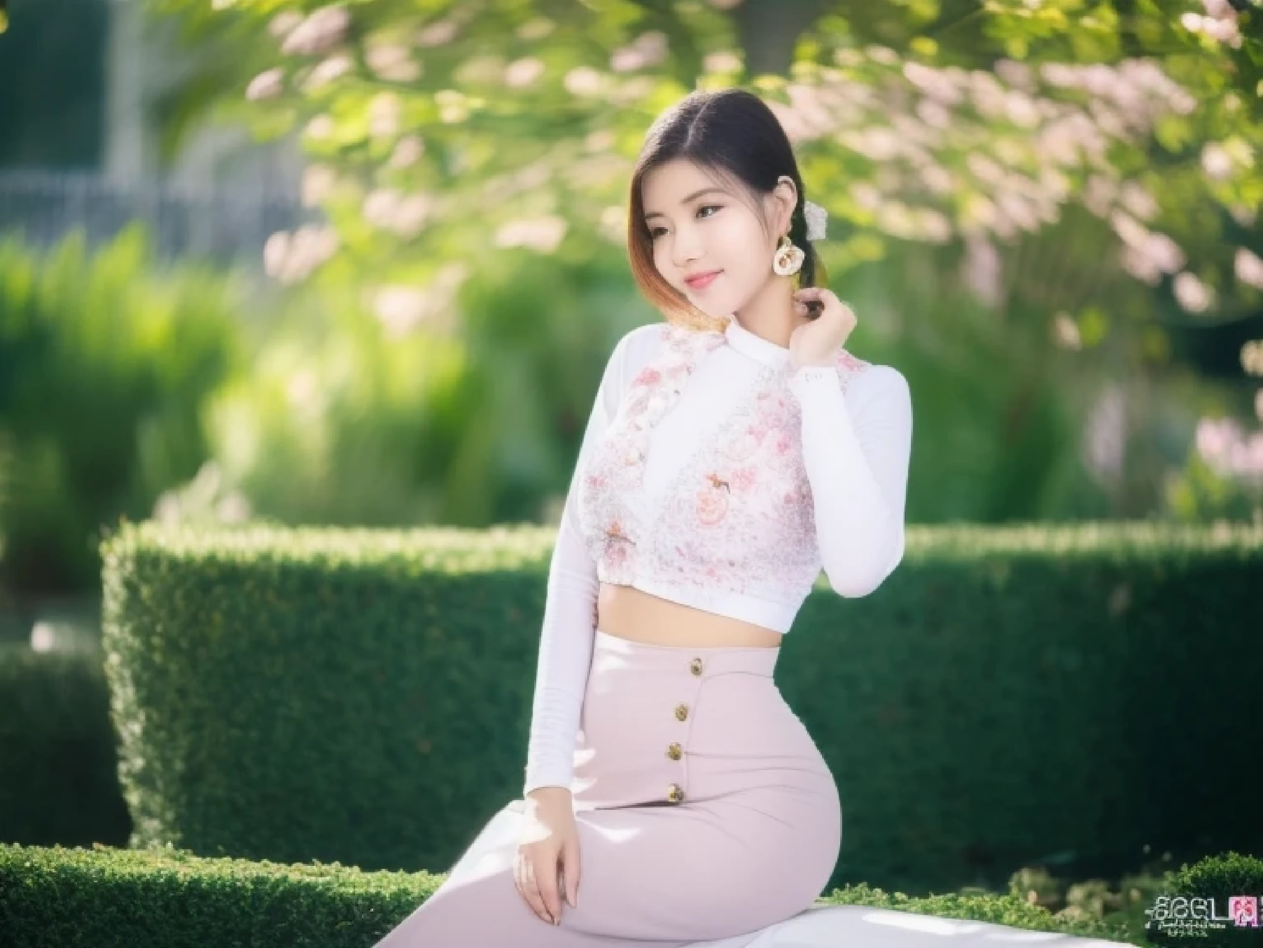(best quality,4k,highres,masterpiece:1.5),ultra-detailed,(realistic,photorealistic,photo-realistic:1.37), beautiful girl 23 years old, beautiful detailed eyes,beautiful detailed lips,extremely detailed eyes and face,longeyelashes,1girl,illustration,soft lighting,vibrant colors,bokeh,romantic,dreamlike,ethereal vibe,Back Full Body Professional Photo, (Photo 4K:1.1) (Sharp Focus:1.1), High Detail, Woman in(beautiful chrysanthemum garden:1.2), Pretty Buttocks, long Hair, Instagram Pattern Pose, confident, slim girl, big tits:1.2, perfect anatomy, perfect symmetry:1.2, Realistic, realistic face:1.3, perfect face, content, confident, very detailed, and dramatic, cinematic lighting, Lighting scene, soft lights graceful movement, full body photography, (((masterpiece :1.5))), photoreal acmm ss outfit, wearing acmm top, light purple acmm top, short sleeves, buttons, wearing acmm long skirt, white and pink with printed acmm long skirt, acmm ls outfit, wearing acmm top, olive green acmm top, long sleeves, wearing acmm long skirt, olive green acmm long skirt, printed skirt,Back body,big boob,big butty