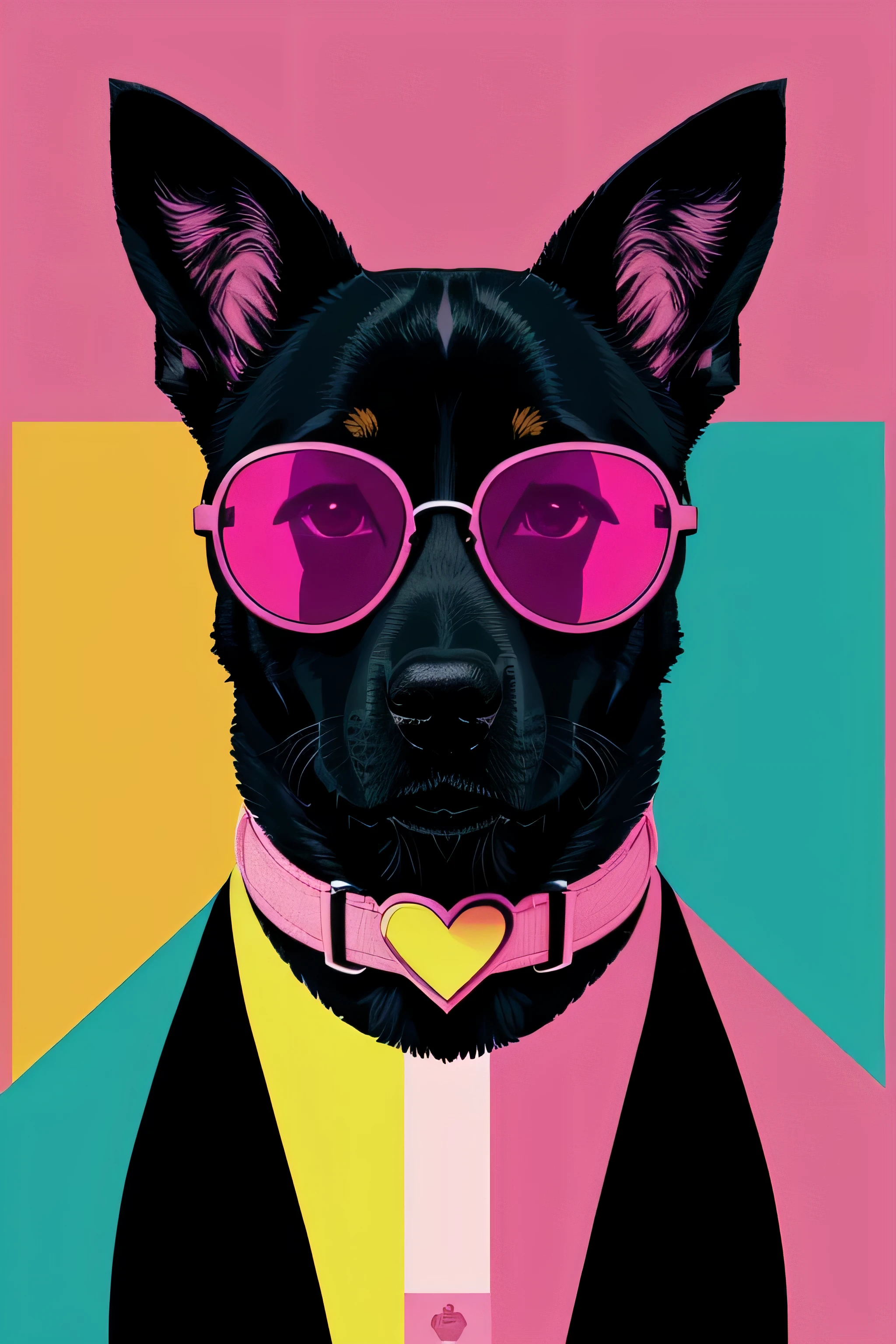 distance from view, vector for t-shirt design, dog with shapes pink sunglasses standing on the green and yellow panels behind, in the style of ethereal light effects, minimalistic portraits, dark black and pink, intense gaze, colorful installations, portraits with soft lighting, bold lines, vivid colors -