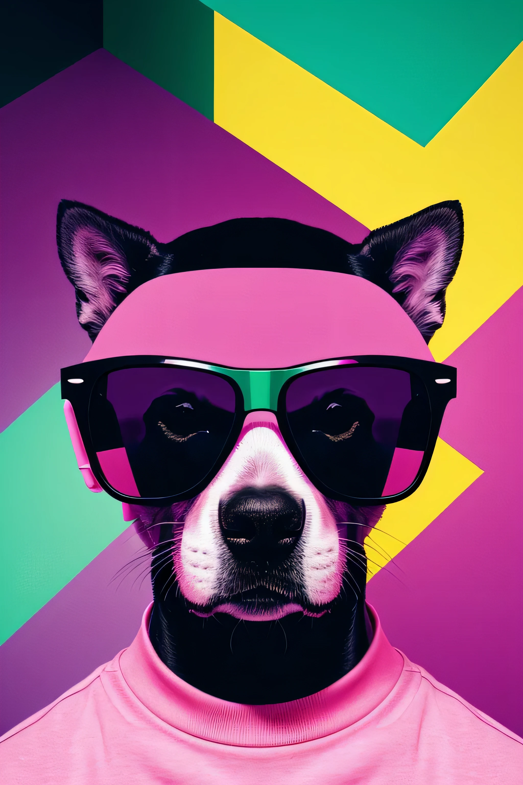 distance from view, vector for t-shirt design, dog with shapes pink sunglasses standing on the green and yellow panels behind, in the style of ethereal light effects, minimalistic portraits, dark black and pink, intense gaze, colorful installations, portraits with soft lighting, bold lines, vivid colors -