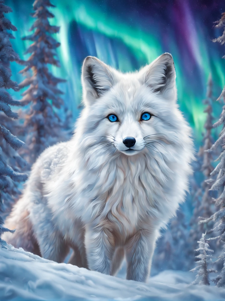 (highest quality, High resolution, masterpiece: 1.2), Super detailed, real sharp focus, Physically based rendering, very detailed explanation, professional, Portrait, a stunning white fox with icy blue eyes, soft and fluffy fur, glistening snowflakes, Jump Dynamic, frost-covered trees,subtle shades of blue and white, ((colorful northern lights in the sky)),magical and ethereal atmosphere, original photo, Bright colors, Ethereal light, forest background, primordial snow, mysterious atmosphere, freezing breath, soft fur, colorful eyes, furry tail, graceful movements, winter beauty, ((Nikon, 600㎜, f/5.6, very detailed, photo shoot)),
