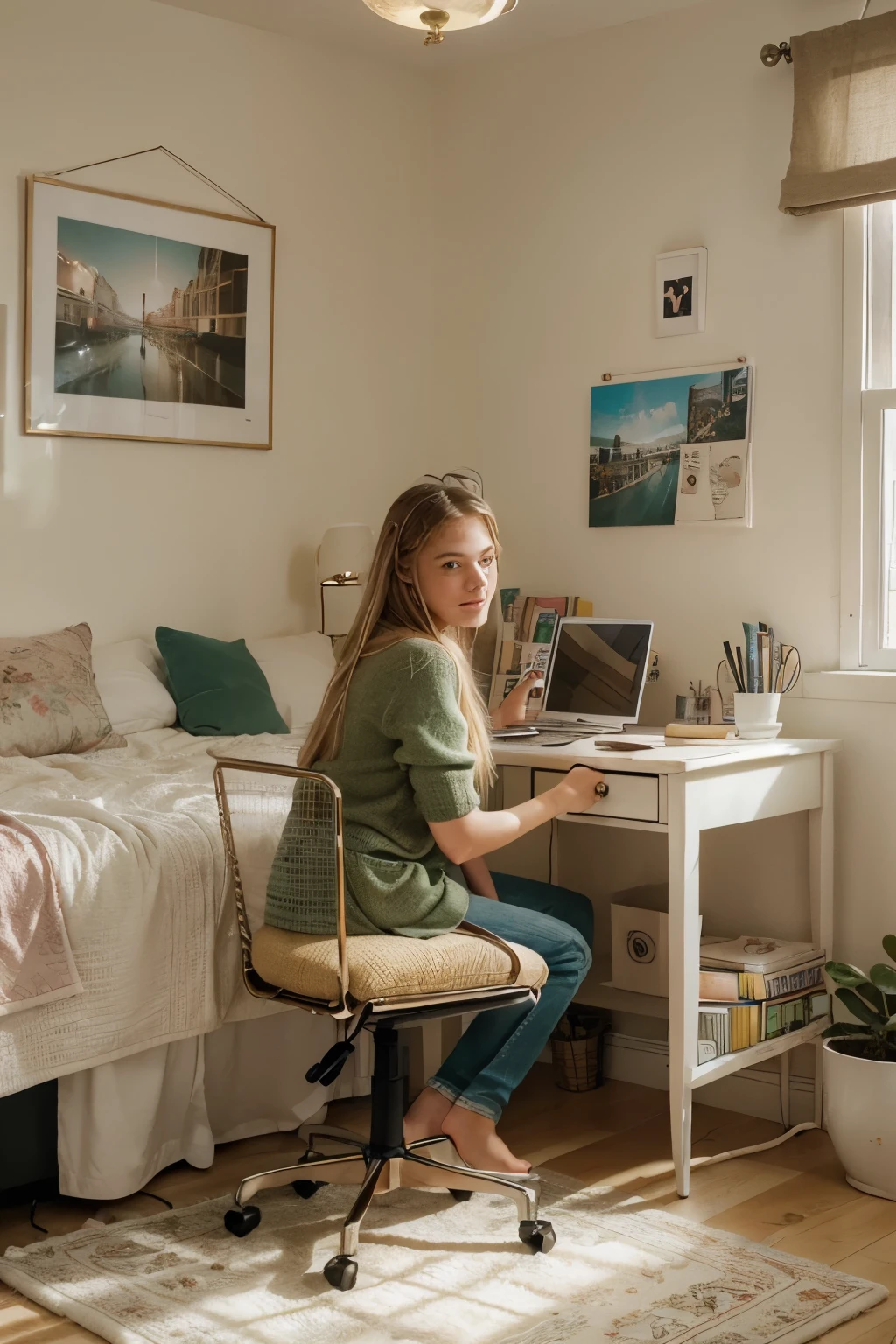 Girl sitting in her room writing