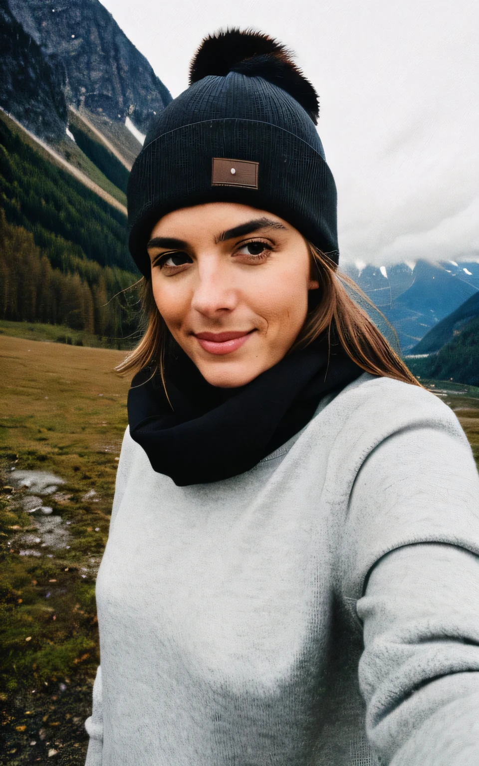 Foto, Photo of a beautiful woman, selfie, upper body, Allein, Pullover tragen, outside, (Nacht), Berge, echte Natur, Sterne, Welt, heiter, Happy, Handschuhe, Pullover, beanie, Wald, Felsen, Fluss, Holz, Rauch, Nebel, Blick auf den Betrachter, Hauttextur, Photo grain, Nahaufnahme, RAW-Foto