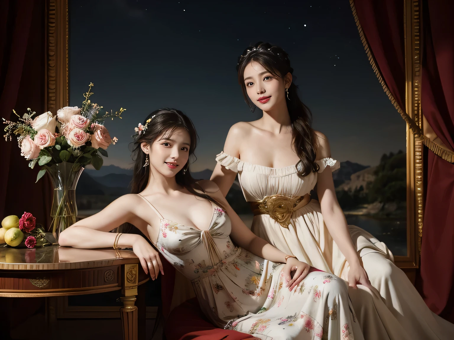 Jacques-Louis David painting style,Arguments of two female Philosophe,math、astronomical machine、astronaut、roses in vase、fruits、Cute trinkets、smile、ancient greek costume、Background is a forest lake at night 、Clothes that stretch your shoulders、A big smile、beautiful bare skin、A detailed representation of the seducing woman throughout her body.