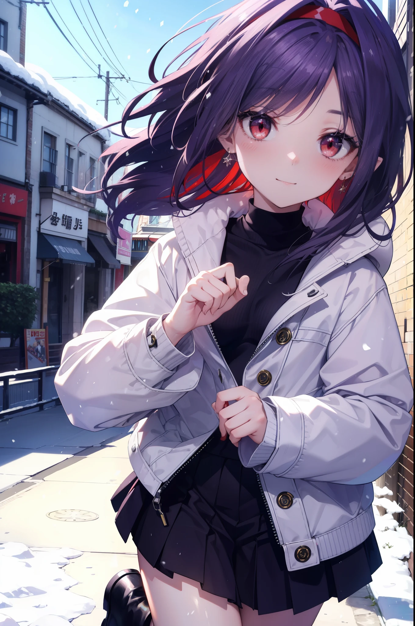 yuukikonno, Yuki Konno, purple hair band, long hair, pointed ears,Ahoge, purple hair, (red eyes:1.5), (small breasts:1.2), Ahoge,mouth open,shy,blush,smile,red muffler,white long coat,black sweater,Red long skirt,short boots,winter,cold sky,It's snowing,snow is falling,
break looking at viewer, Upper body, whole body,
break outdoors, In town,building street,
break (masterpiece:1.2), highest quality, High resolution, unity 8k wallpaper, (figure:0.8), (detailed and beautiful eyes:1.6), highly detailed face, perfect lighting, Very detailed CG, (perfect hands, perfect anatomy),