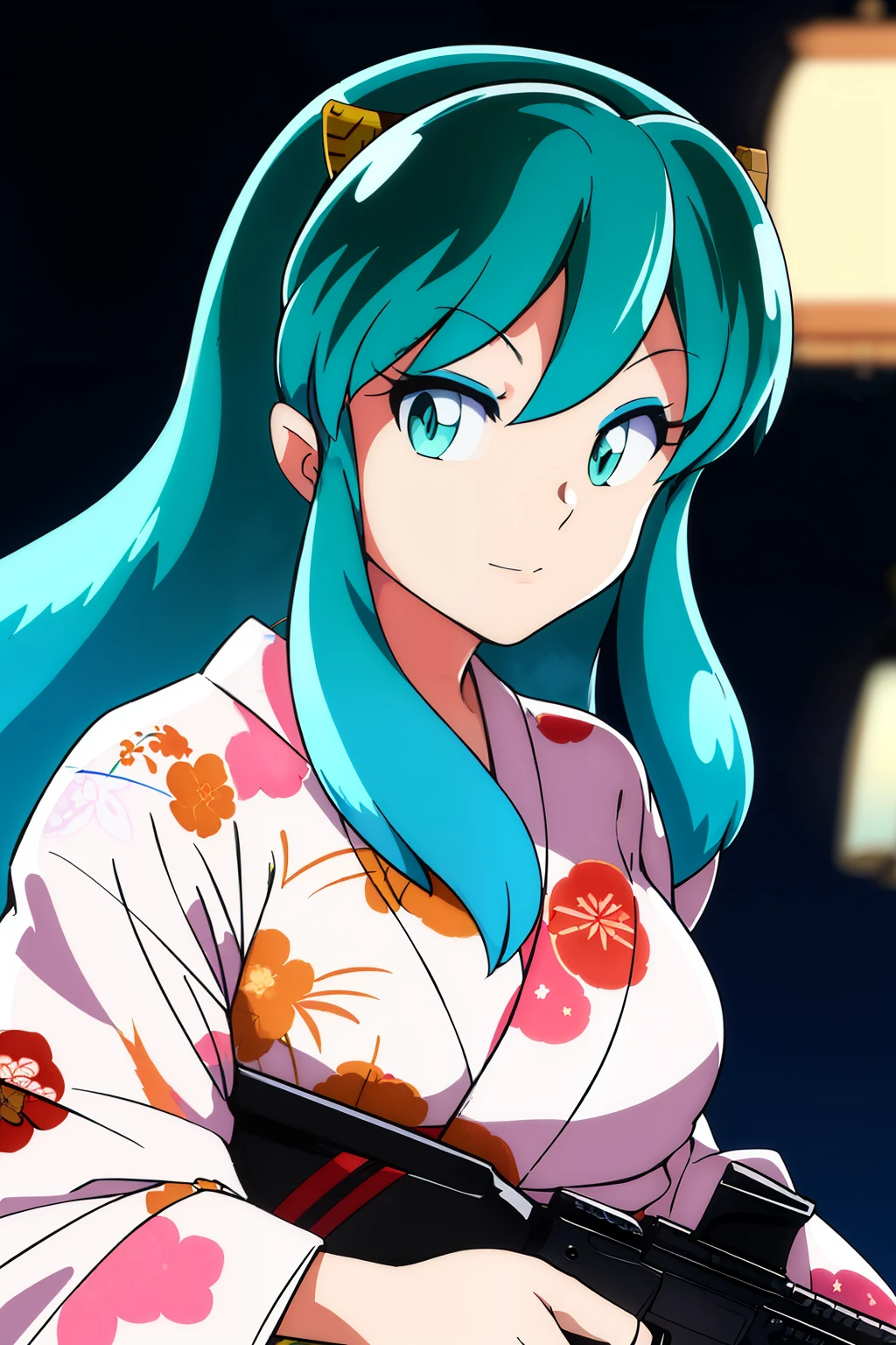 masterpiece, lum,
1girl, solo,
yukata, kimono, night, facing viewer, looking to the side,
portrait, upper body,
holding weapon, gun, ak47, assault rifle, 
