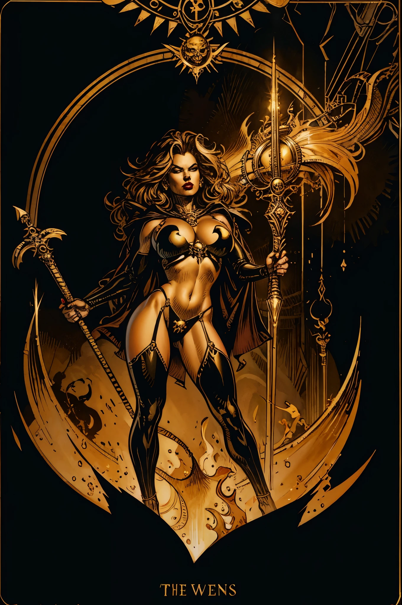 (best quality, masterpiece), (tarot, tarot card,:1.1) solo Lady Death, black background, golden, glorious, epic background, epic vibe, in the style of Druuna