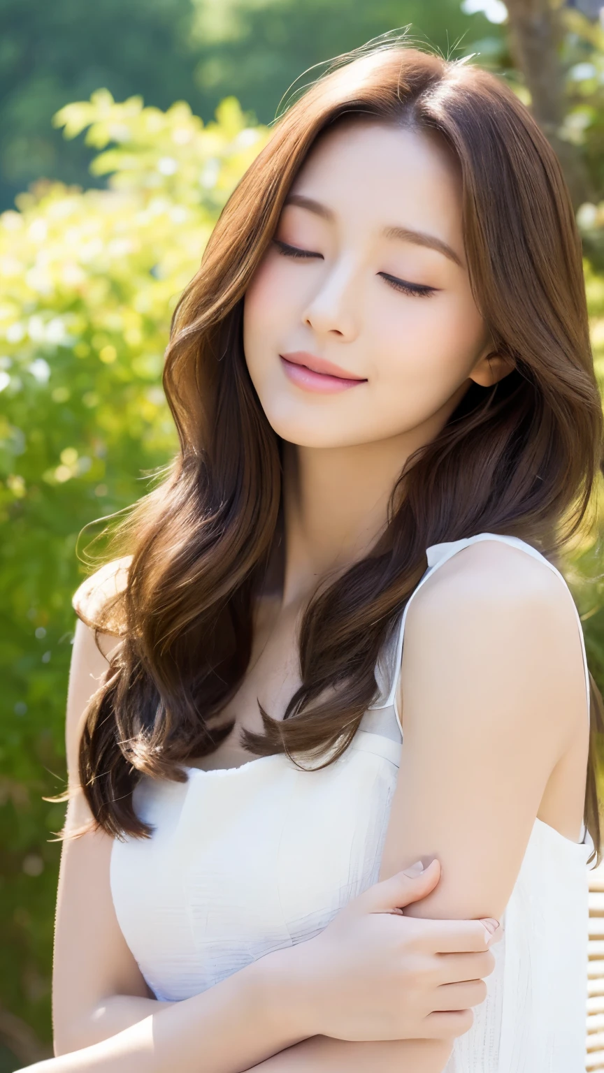 (lifelike, High resolution:1.3), 1 Girl with perfect body, highly detailed face and eyes,long hair, white dress, sideways face, happiness, eyes closed, hands clasped in front of mouth