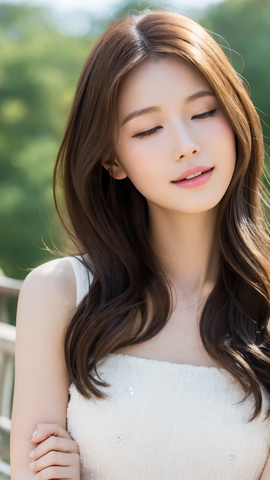 (lifelike, High resolution:1.3), 1 Girl with perfect body, highly detailed face and eyes,long hair, white dress, sideways face, happiness, eyes closed, hands clasped in front of mouth