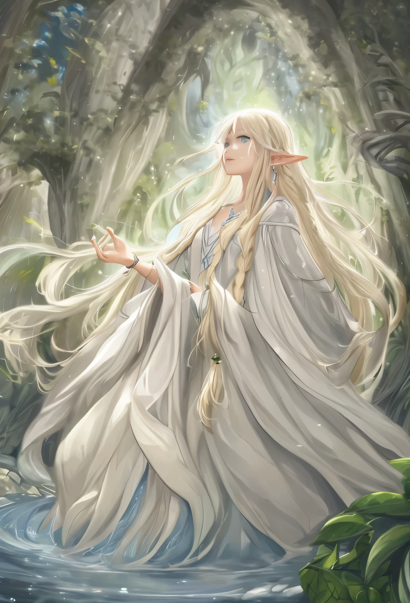 a painting of a woman in a white dress standing in a forest, of elven queen galadriel, Galadriel in Lothlórien, beautiful and elegant elf queen, elven princess, of an elden ring elf, galadriel, elfic priestess, beautiful elven princess, elf princess, an elf queen, blonde elvish empress