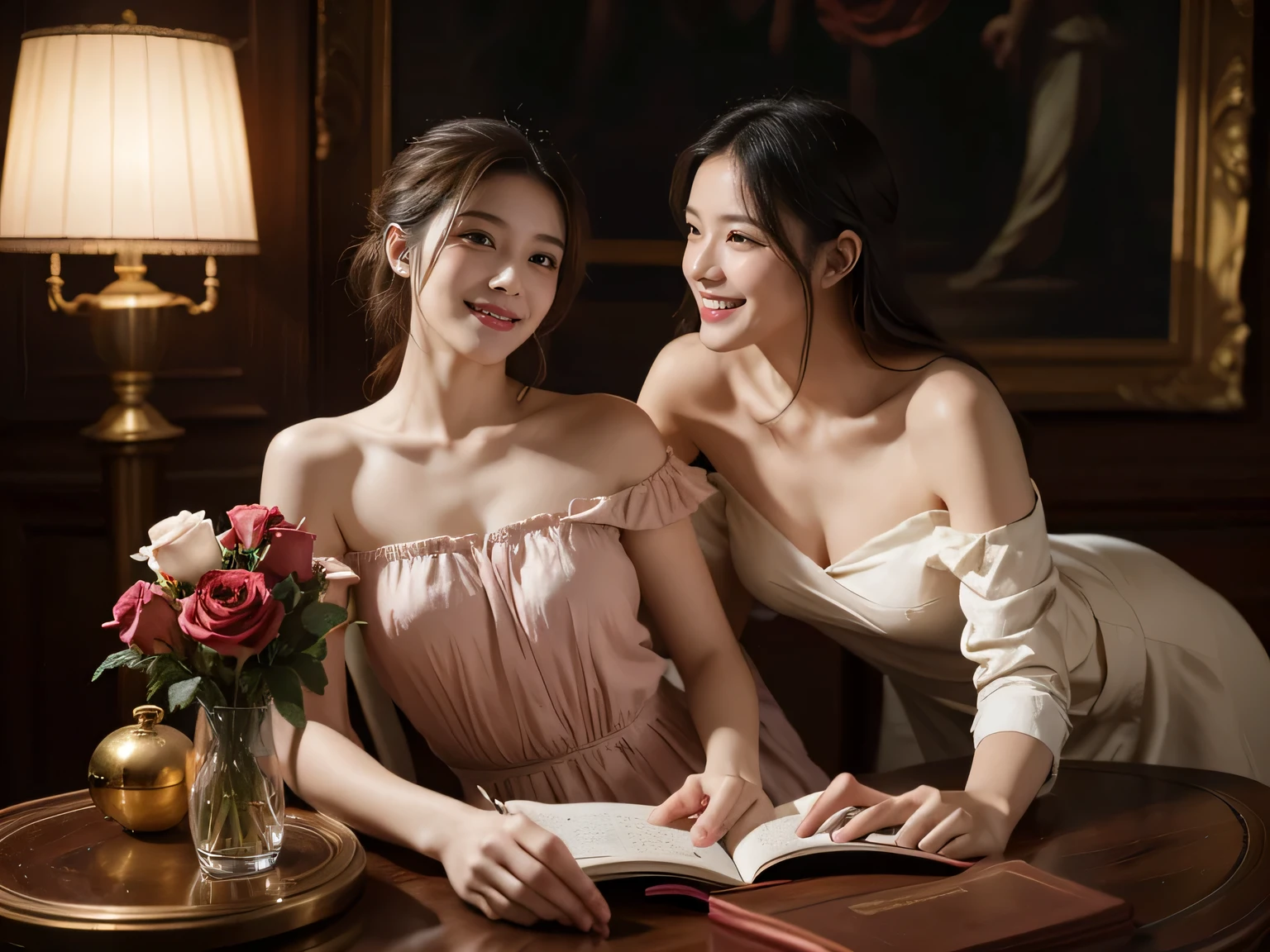 Jacques-Louis David painting style,Arguments of two female Philosophe,math、astronomical machine、astronaut、roses in vase、fruits、Cute trinkets、smile、ancient greek costume、Background is a forest lake at night 、Clothes that stretch your shoulders、A big smile、beautiful bare skin、A detailed representation of the seducing woman throughout her body.