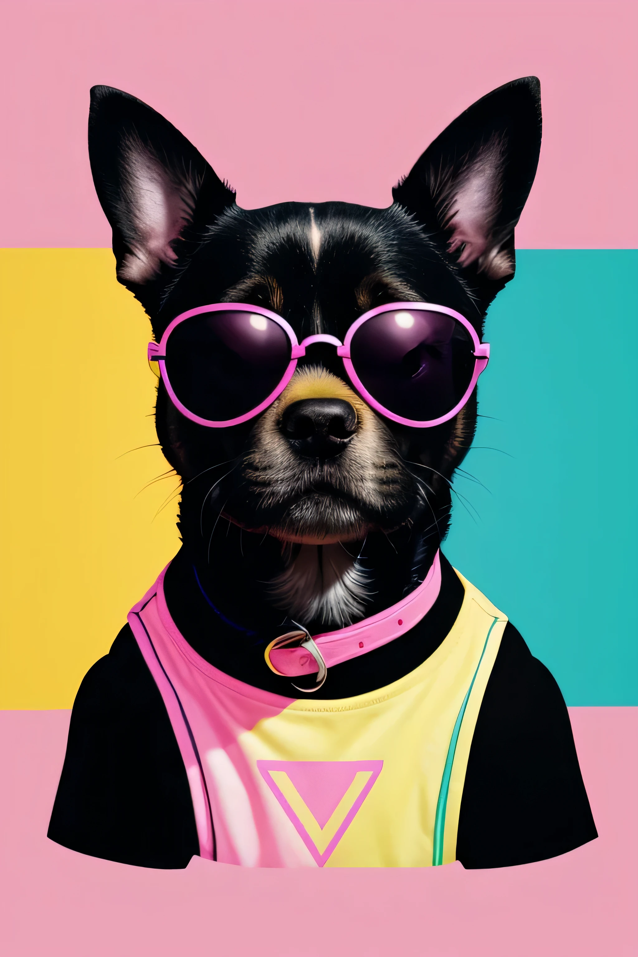 distance from view, vector for t-shirt design, little dog canine with shapes pink sunglasses standing on the green and yellow panels behind, in the style of ethereal light effects, minimalistic portraits, dark black and pink, intense gaze, colorful installations, portraits with soft lighting, bold lines, vivid colors -