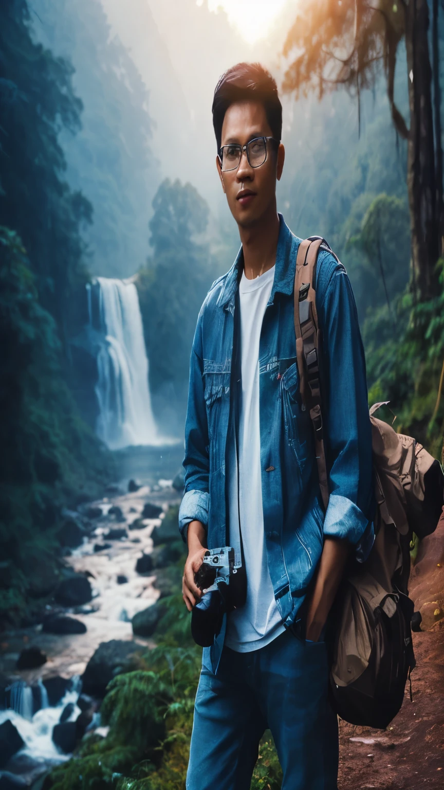 Full body cinematic portrait of Indonesian man, 28 years old, clean face, curtain cut, glasses, wearing white t-shirt, blue jeans jacket and camping bag and boots, walking in the forest with photo camera, outdoor photographer, green forest background with water waterfalls and streams, professional photography, advertising shoots, faces looking at the camera, portraits from the side, realistic, with sunset atmosphere
