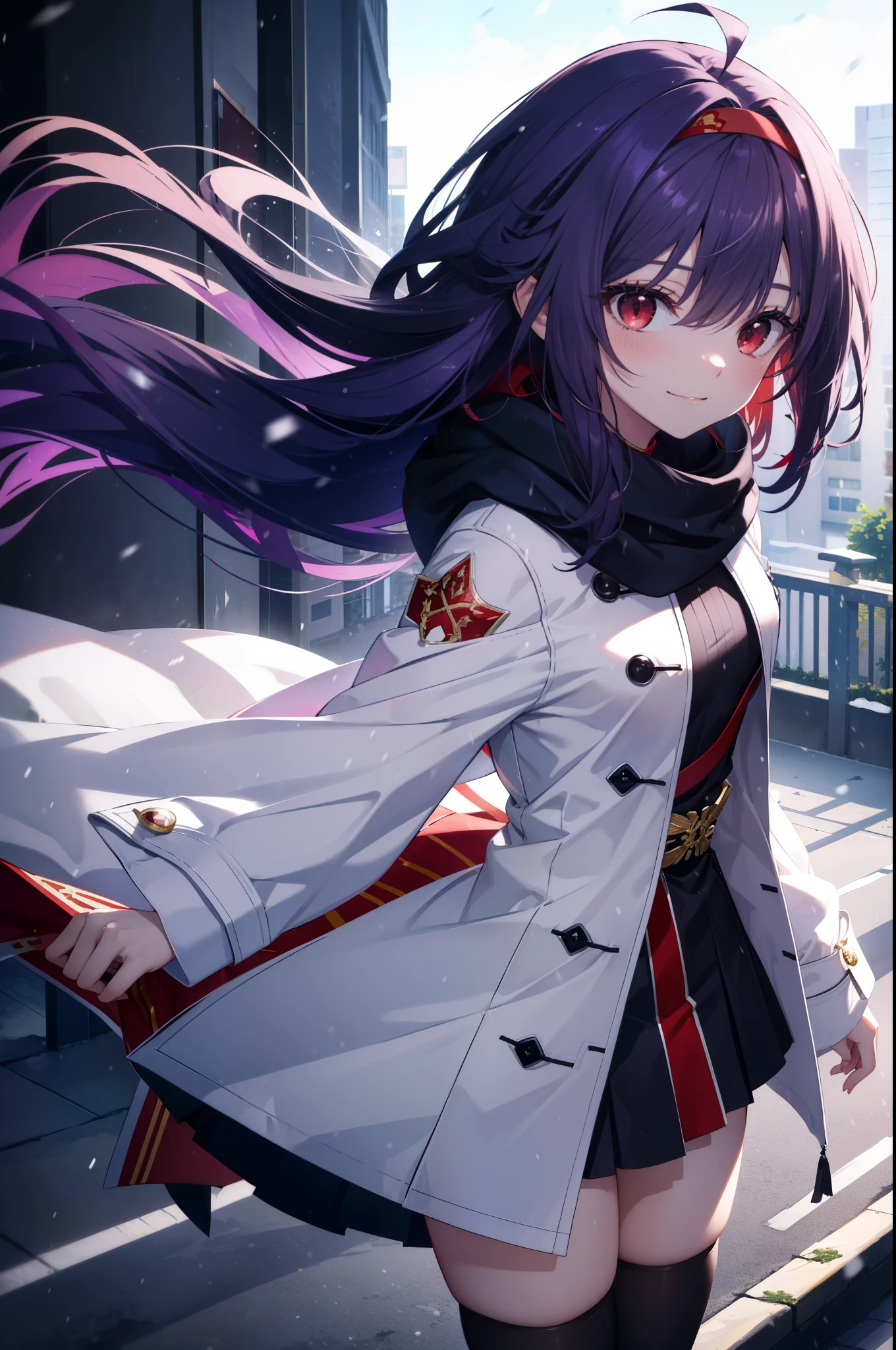 yuukikonno, Yuki Konno, purple hair band, long hair, pointed ears,Ahoge, purple hair, (red eyes:1.5), (small breasts:1.2), Ahoge,mouth open,shy,blush,smile,red muffler,white long coat,black sweater,Red long skirt,short boots,winter,cold sky,It's snowing,snow is falling,looking down from above,
break looking at viewer, Upper body, whole body,
break outdoors, In town,building street,
break (masterpiece:1.2), highest quality, High resolution, unity 8k wallpaper, (figure:0.8), (detailed and beautiful eyes:1.6), highly detailed face, perfect lighting, Very detailed CG, (perfect hands, perfect anatomy),