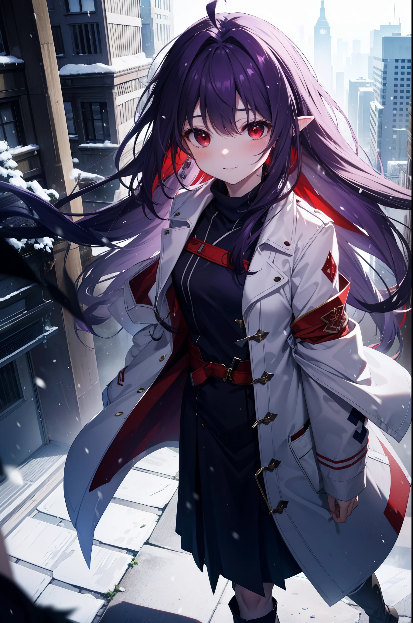 yuukikonno, Yuki Konno, purple hair band, long hair, pointed ears,Ahoge, purple hair, (red eyes:1.5), (small breasts:1.2), Ahoge,mouth open,shy,blush,smile,red muffler,white long coat,black sweater,Red long skirt,short boots,winter,cold sky,It&#39;s snowing,snow is falling,looking down from above,
break looking at viewer, Upper body, whole body,
break outdoors, In town,building street,
break (masterpiece:1.2), highest quality, High resolution, unity 8k wallpaper, (figure:0.8), (detailed and beautiful eyes:1.6), highly detailed face, perfect lighting, Very detailed CG, (perfect hands, perfect anatomy),