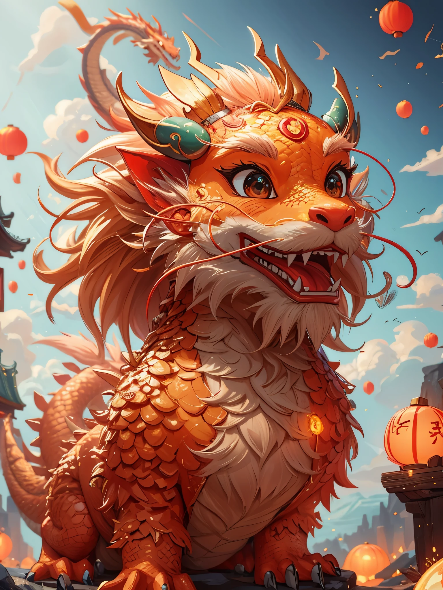 Q version，miniatures， chinese dragon，Smile，，Cute and cute，comic style，Flat coating，minimalist art，Resolution up to 8K，Exhibit ultra-high quality。This highly detailed piece emphasizes visual appreciation，Excellent camera angle expression