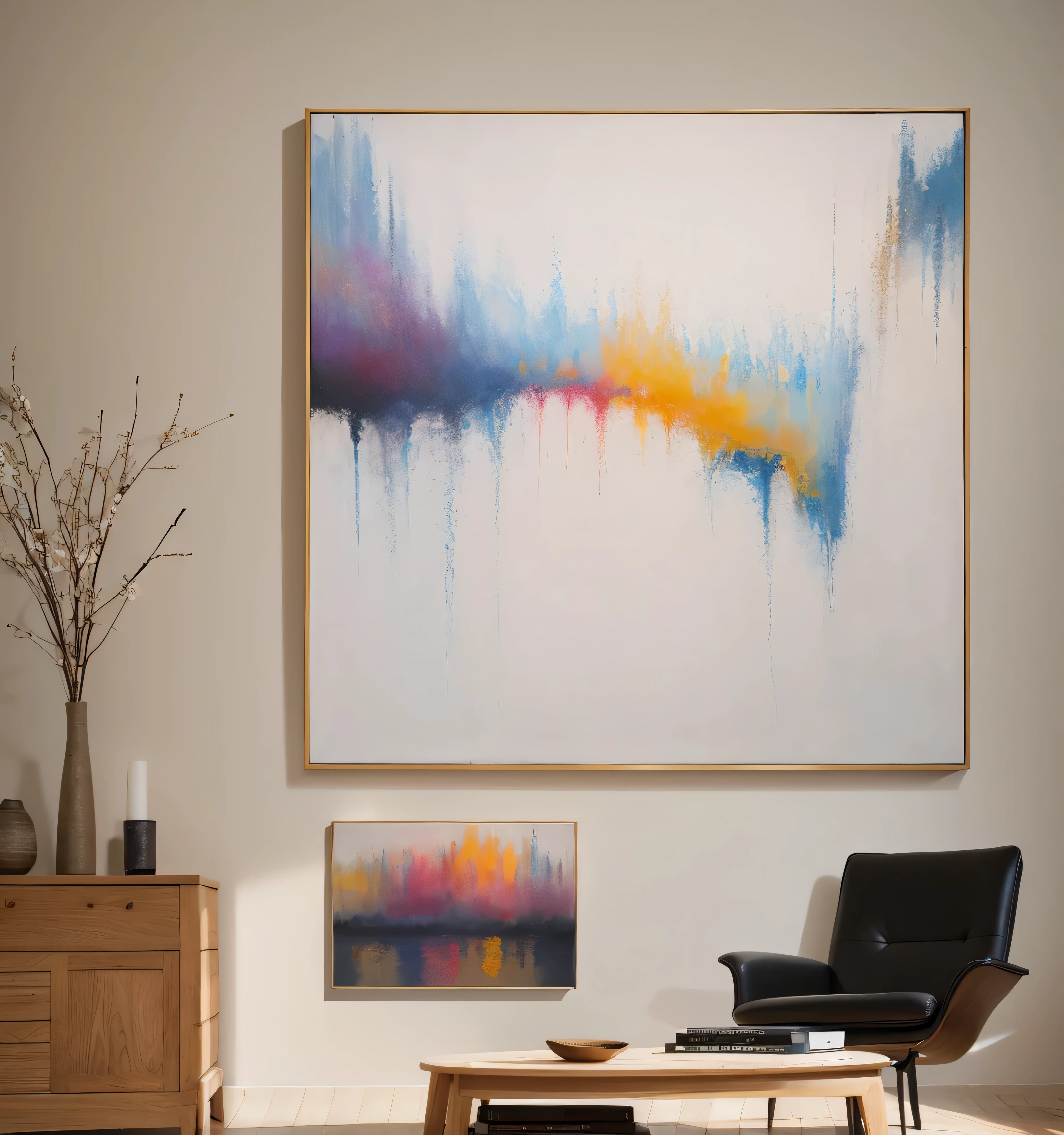 There is a painting hanging on the wall above the sofa in the living room, Abstract painting oil on canvas, 这幅画是一张large painting布, abstract Minimalism, large painting, 抽象Minimalism艺术, abstract oil painting, minimalist abstract art, expressive rural painting, abstract acrylic painting, abstract realism, Abstract art painting, Minimalism, Large canvas art, oil paint strokes