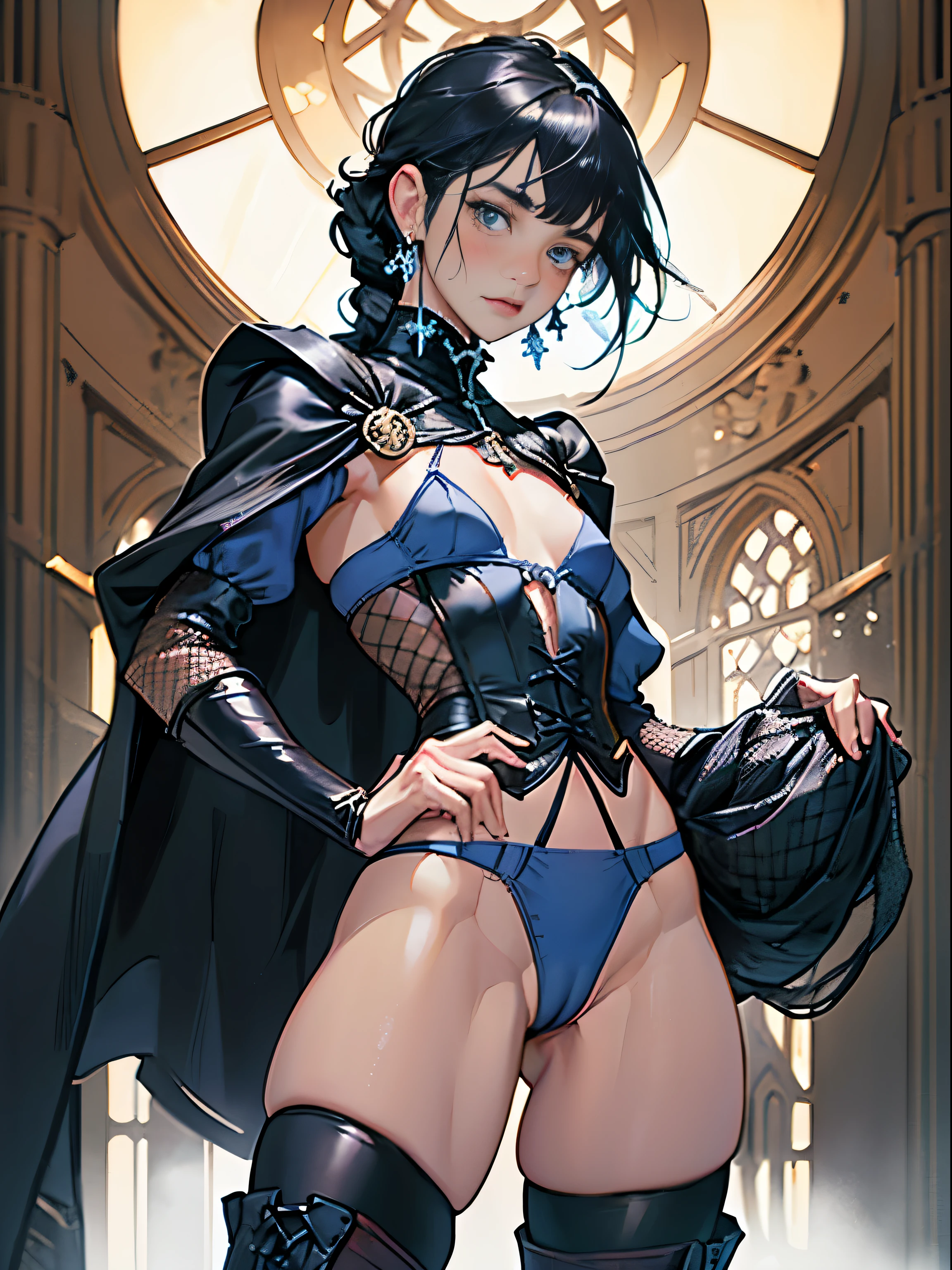 (((((middle-aged women))))), masterpiece, super detailed, 8K portrait, RAW photo, portrait photography, highly detailed face, ((fantasy)), 1 female, (((short woman))), (((magician))), (((((nervous look))))), (((blush))), (((Dynamic standing poses))), (((Dark Blue Ultra Thong Iron Bodysuit))), (((((camel toe))))), (((((Panties with stains, Pee stainicro skirt))), 33 years old, (((slut))), (((Black little eyes))), (((black french twist hair))), (((long bangs))), Larger earrings, (((white skin color))), (((((blue puffy sleeves))))), chest pocket, (((black silk cloak))), (((little waist hip pouch))), (((((fishnet thigh high tights))))), (((leather boots))))), (((Equip a long wooden stick))), midday sun, surreal, ((((flat chest)))), (((((small breasts))))), (((thick thighs))), long legs, In the medieval adventurer's guild, environmental lighting, shadow details , Focus the camera on the thigh, strong wind, light fog