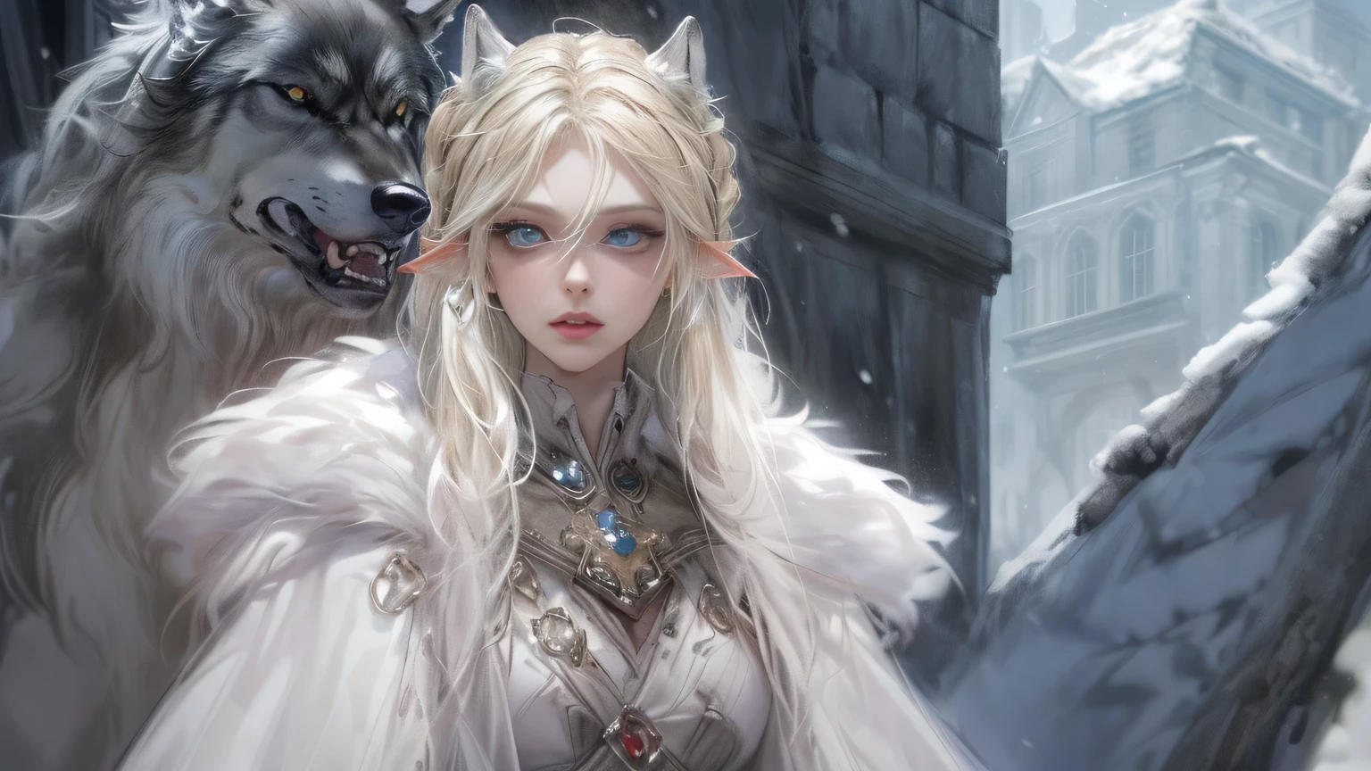 ((enlargement)), ((masterpiece, best quality)), (fractal art:1.3), viking elf girl, big 가슴, fancy, Standing with ancient A wolf, concept yoji shinkawa, concept art, painting, Frank Prazzetta(Frank Prazzetta)(Frank Prazzetta(Frank Prazzetta)), break, (elf:1.2), 1 woman, alone, (blonde hair:1.15), blunt bangs, (hair between eyes), blue eyes, fury, woe, tear, (Beautiful and detailed face:1.2),Art style by Artgerm, Vadim Kashin(Vadim Kashin), author: Kawashi, break, (1 animal), ((A wolf)), fluffy, big, White fur, break, ((ancient viking clothes)),fluffy cloak, big breast, Long black gloveless pantyhose with white boots..., break, Eyelashes, eye shadow, pink eye shadow, break, very detailed, dynamic angle, dynamic shot, The most beautiful form of chaos, elegant, brutal design, The background is a ruined castle wall covered with snow in winter.,