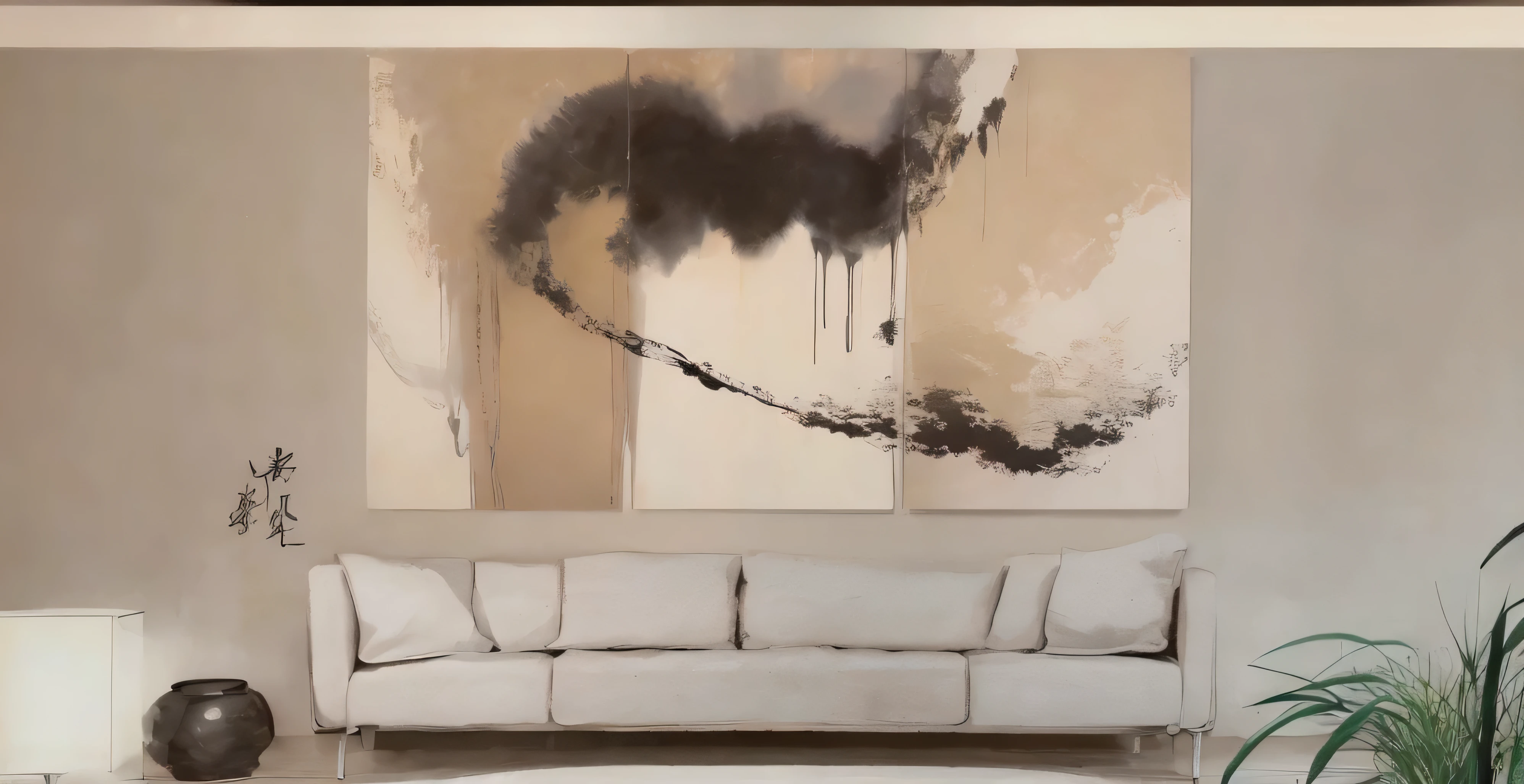 There is a painting hanging on the wall above the sofa, abstract minimalist painting, Abstract painting oil on canvas, abstract oil painting, Abstract expressionist painting, expressive abstraction, pop art, large painting, abstract minimalist painting, 这幅画是一张large painting布, contemporary, inspired by Joan Snyder, contemporary艺术风格, extremely high quality art