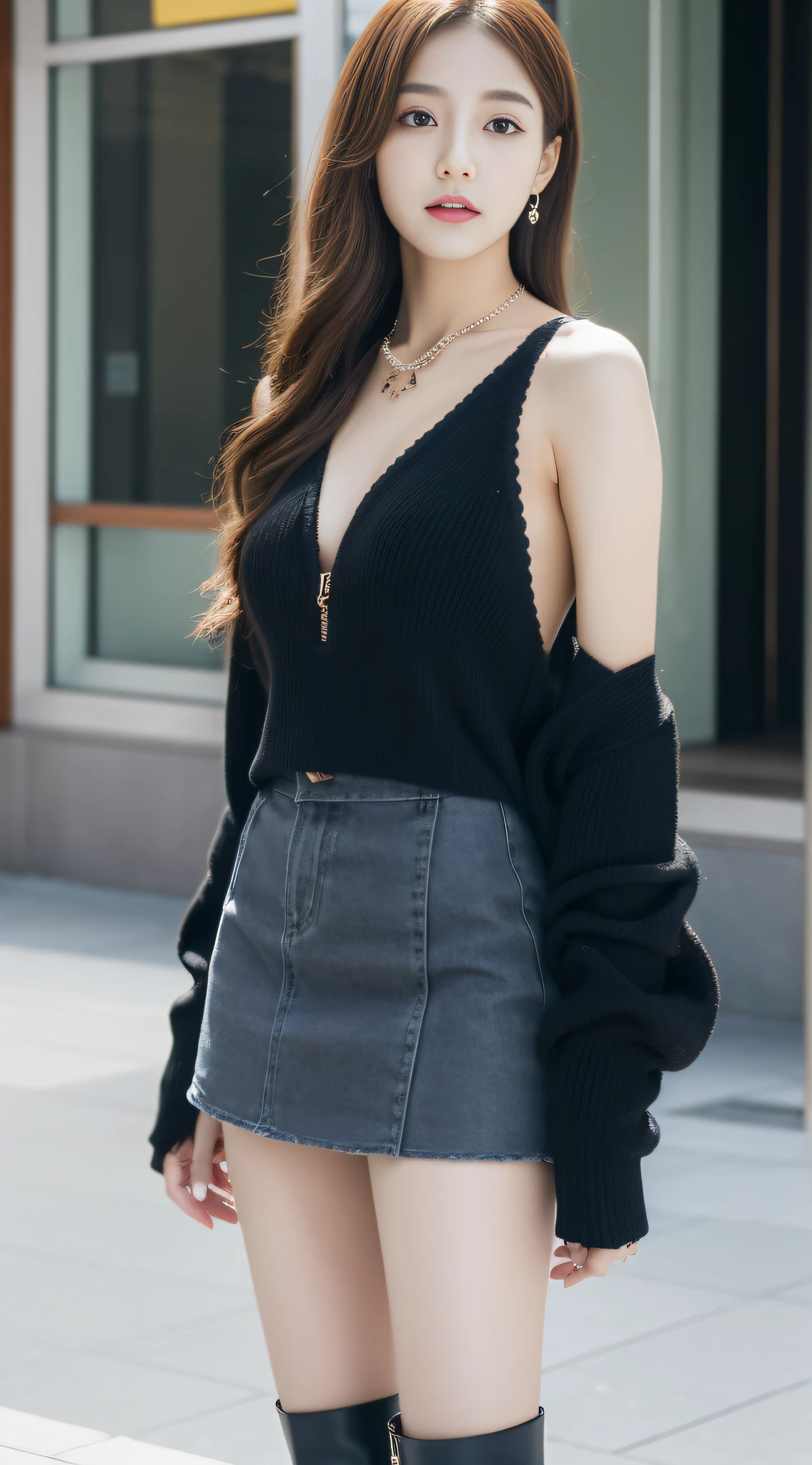 surrealistic、top-quality、 超A high resolution、Nikon Z 85mm、({(Raw foto:1.2)})natural soft light、profetional lighting、 realisitic、Super live-action、Photorealistic miniskirt、Perfect raw legs、delicate legs、 perfectly proportions、A sexy、 ulzzang -6500-v1.1, detailed beautiful faces、A detailed eye,Detailed lips,Beautiful eyebrows,perfectly proportions、Japanese ido,Korean Idols,18 year old beautiful woman revealing fashion, Fashion influenced by Namie Amuro,Amler,Amler Women,,90Wearing the trends of the times,micromini skirt,Wear platform boots,City of Shibuya, Women with good style,Ideal woman,The shape of the chest is beautiful,1Woman,Necklaces that match fashion,A bracelet,piercings,gyuru