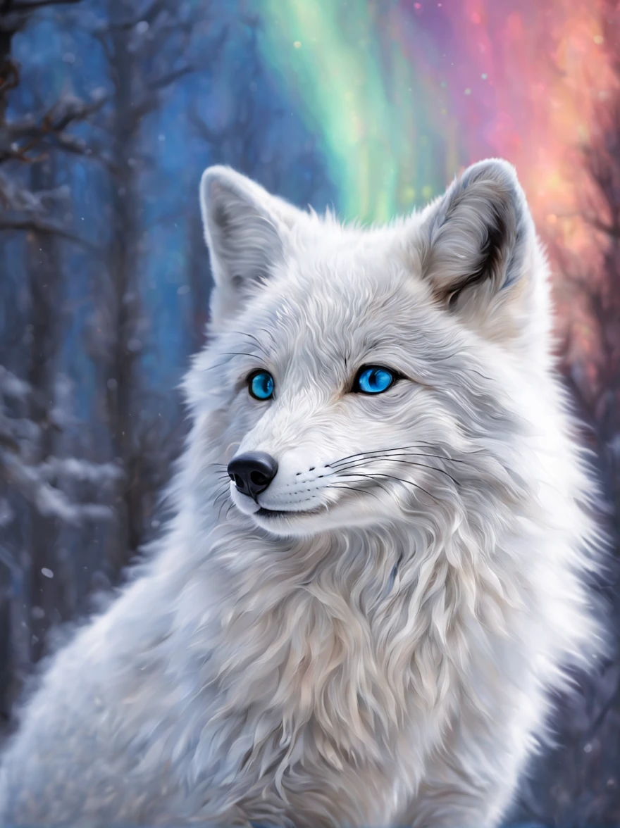 (highest quality, High resolution, masterpiece: 1.2), Super detailed, real sharp focus, Physically based rendering, very detailed explanation, professional, Portrait, a stunning white fox with icy blue eyes, soft and fluffy fur, glistening snowflakes, Jump Dynamic, frost-covered trees,subtle shades of blue and white, ((colorful northern lights in the sky)),magical and ethereal atmosphere, original photo, Bright colors, Ethereal light, forest background, primordial snow, mysterious atmosphere, freezing breath, soft fur, colorful eyes, furry tail, graceful movements, winter beauty, ((Nikon, 600㎜, f/5.6, very detailed, photo shoot)),