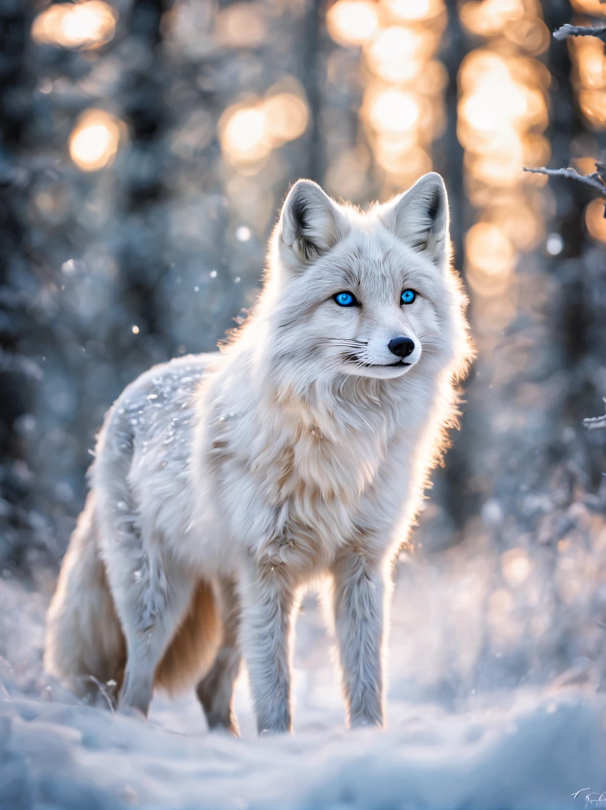 (highest quality, High resolution, masterpiece: 1.2), Super detailed, real sharp focus, Physically based rendering, very detailed explanation, professional, Portrait, a stunning white fox with icy blue eyes, soft and fluffy fur, glistening snowflakes, Jump Dynamic, frost-covered trees,subtle shades of blue and white, ((colorful northern lights in the sky)),magical and ethereal atmosphere, original photo, Bright colors, Ethereal light, forest background, primordial snow, mysterious atmosphere, freezing breath, soft fur, colorful eyes, furry tail, graceful movements, winter beauty, ((Nikon, 600㎜, f/5.6, very detailed, photo shoot)),