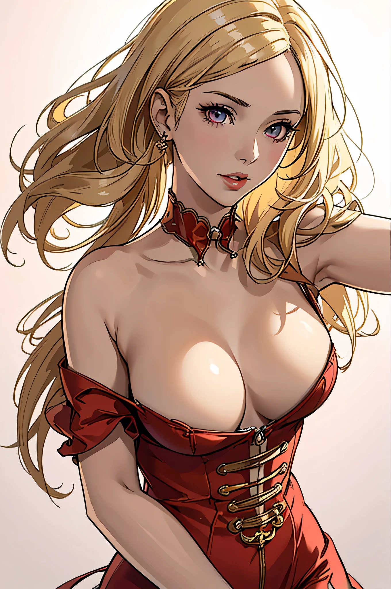 (masterpiece, top quality, best quality, official art, beautiful and aesthetic:1.2), young (1girl:1.3), (wearing torn red dress:1.3), (blonde:1.3) hair, long hair, (colorful eyes:1.3), extremely detailed, colorful, (highly detailed CG illustration), (looking at viewer), cinematic light, solo, half body, (character focus), ),Cath, extravagant makeup, full lips, sexy pose, clothes ASIDE , used condoms, partially naked, shiny skin, red lingerie
