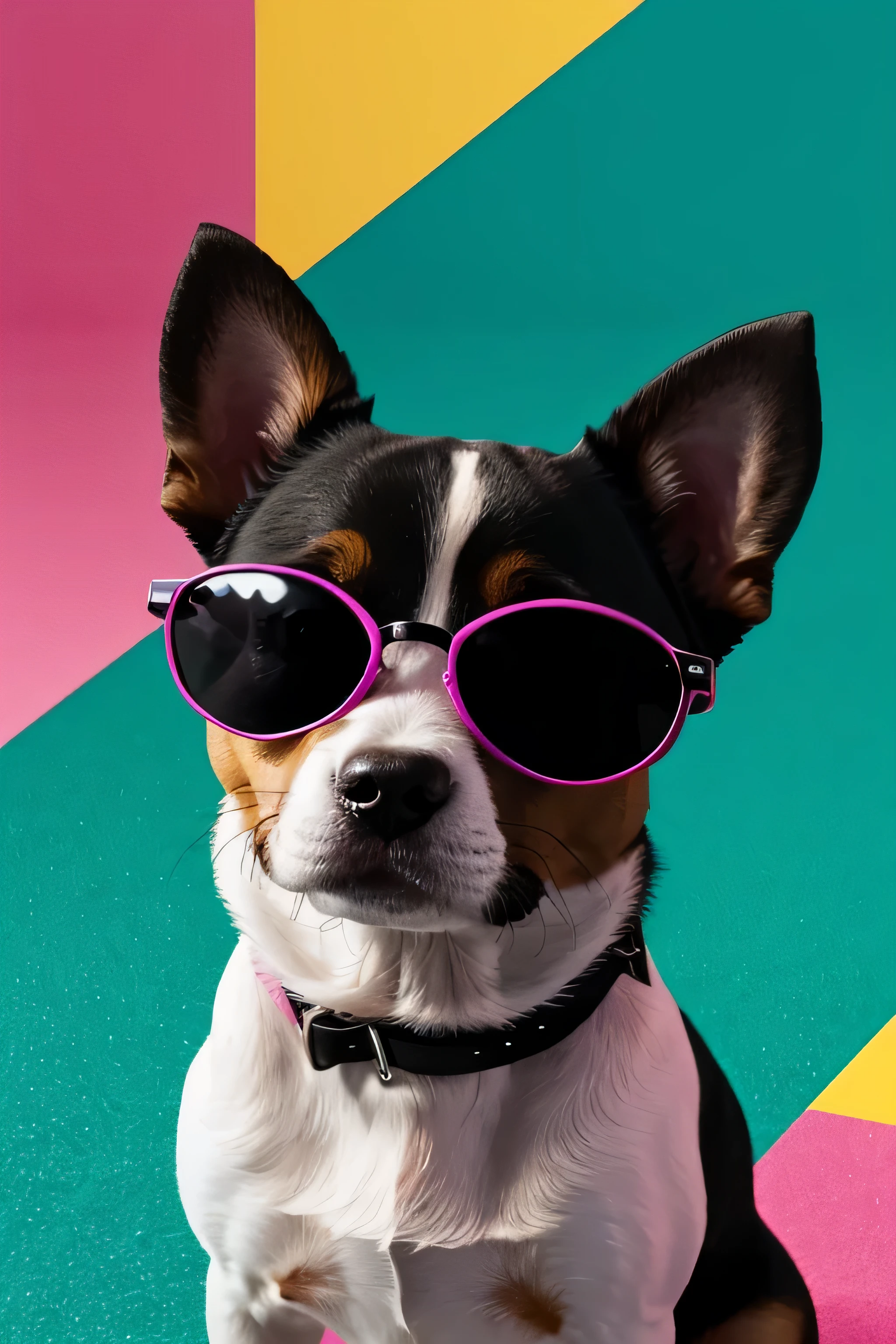 distance from view, vector for t-shirt design, little dog canine with shapes pink sunglasses standing on the green and yellow panels behind, in the style of ethereal light effects, minimalistic portraits, dark black and pink, intense gaze, colorful installations, portraits with soft lighting, bold lines, vivid colors -