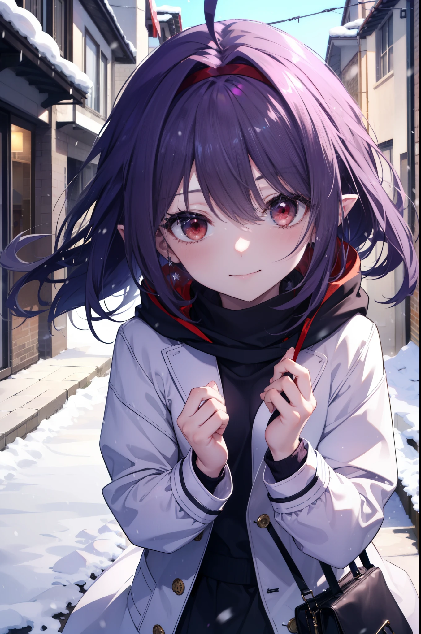 yuukikonno, Yuki Konno, purple hair band, long hair, pointed ears,Ahoge, purple hair, (red eyes:1.5), (small breasts:1.2), Ahoge,mouth open,shy,blush,smile,red muffler,white long coat,black sweater,Red long skirt,short boots,winter,cold sky,It&#39;s snowing,snow is falling,looking down from above,
break looking at viewer, Upper body, whole body,
break outdoors, In town,building street,
break (masterpiece:1.2), highest quality, High resolution, unity 8k wallpaper, (figure:0.8), (detailed and beautiful eyes:1.6), highly detailed face, perfect lighting, Very detailed CG, (perfect hands, perfect anatomy),