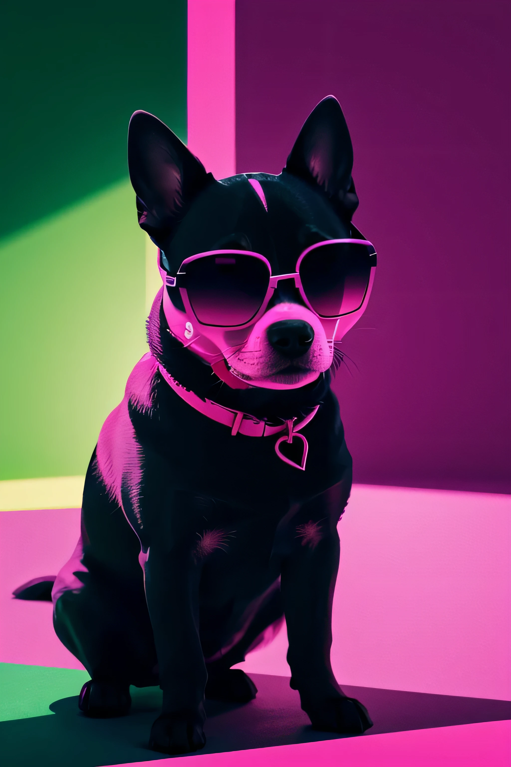distance from view, vector for t-shirt design, little dog canine with shapes pink sunglasses standing on the green and yellow panels behind, in the style of ethereal light effects, minimalistic portraits, dark black and pink, intense gaze, colorful installations, portraits with soft lighting, bold lines, vivid colors -