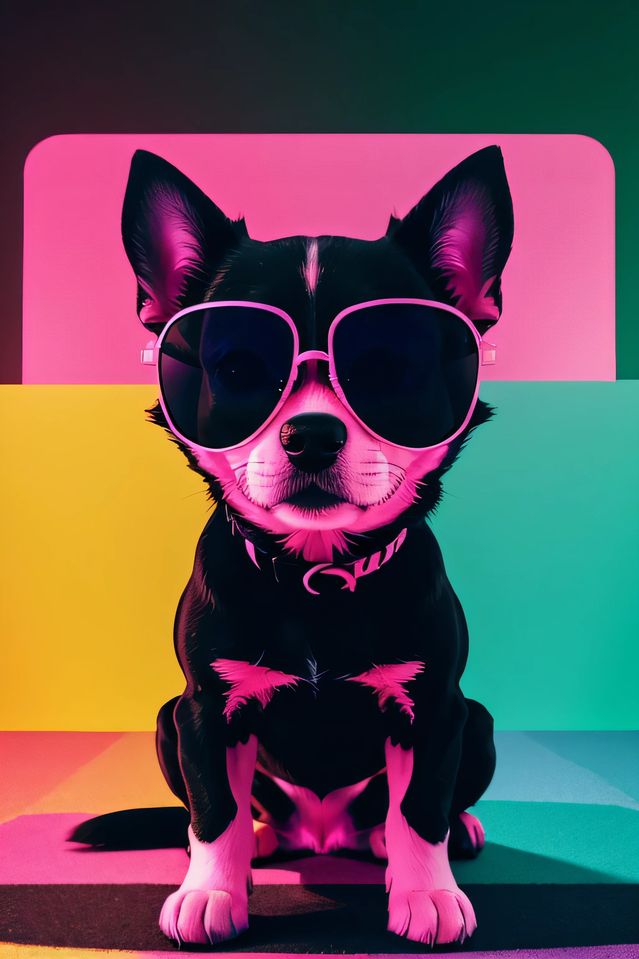 distance from view, vector for t-shirt design, little dog canine with shapes pink sunglasses standing on the green and yellow panels behind, in the style of ethereal light effects, minimalistic portraits, dark black and pink, intense gaze, colorful installations, portraits with soft lighting, bold lines, vivid colors -