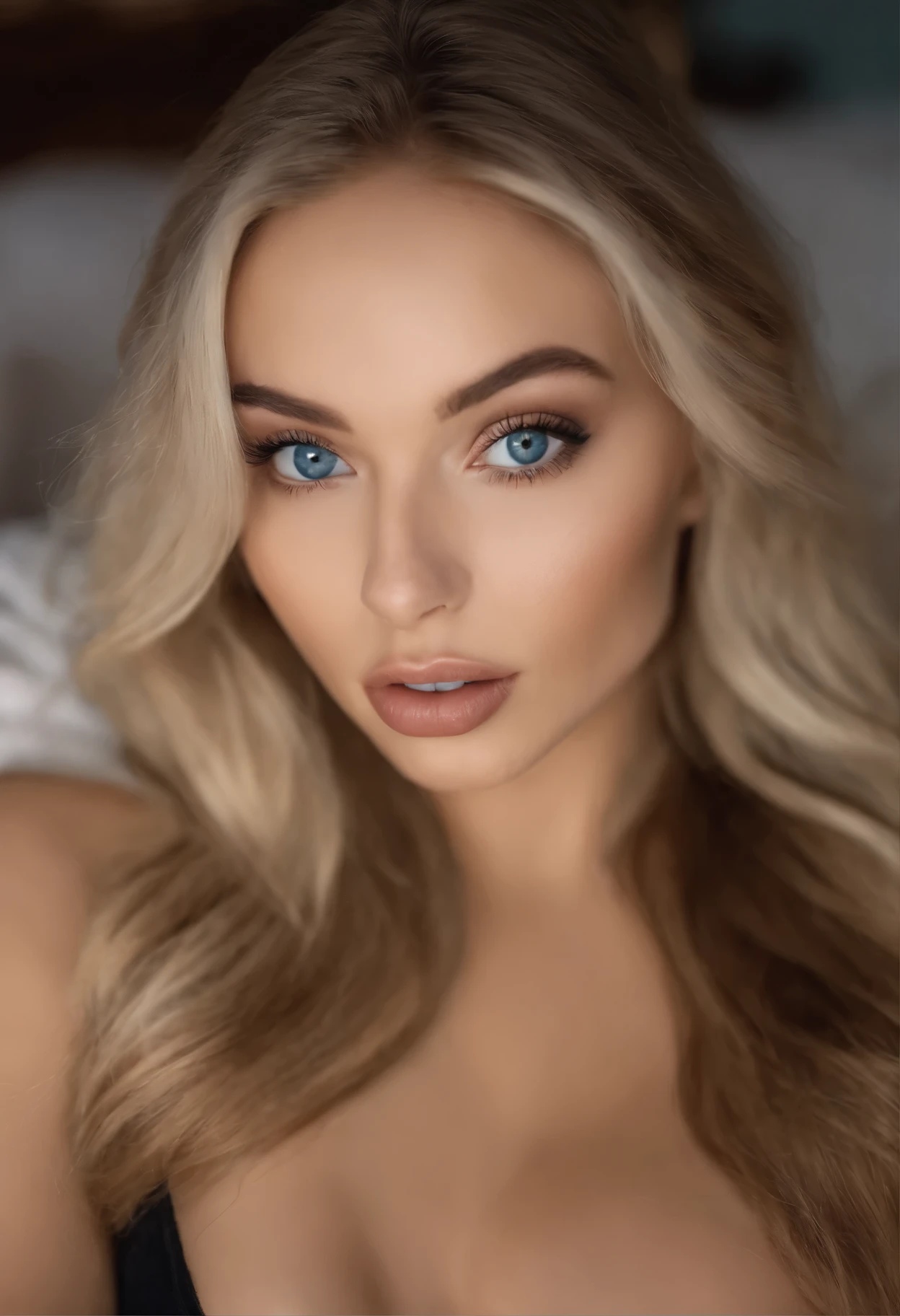 Sexy girl 22 with blue eyes, portrait of Sophie Mudd, blonde hair and big eyes, selfie of a young woman biting her lip lightly subtle makeup, photo in the bed looks the camera from above in sexy lingerie with slightly falling breasts