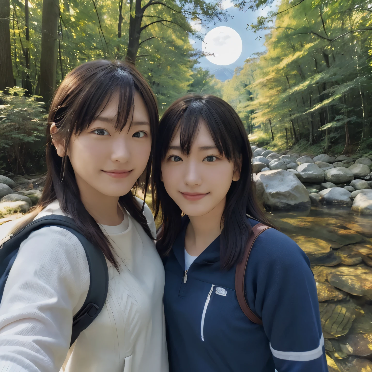 japanese girl、一卵性双born児姉妹、 ((Upper body selfie, Happy)), masterpiece, highest quality, super detailed,With two people, outdoors, (night), Mountain, nature, (performer, moon) Hilarious, Happy, Backpack, sleeping bag, camping stove, Water bottle, mountain boots, gloves, sweater, have, flashlight, forest, rock, river, wood, cigarette, Shadow, contrast, sunny, analog style (look at the audience:1.2) (skin texture) (film grain:1.3), (warm shades, warm tones) :1.2), close, cinematic light, side light, ultra high resolution, 最高のShadow, born, Upper body, , Wearing pullover Kodak Vision 3,