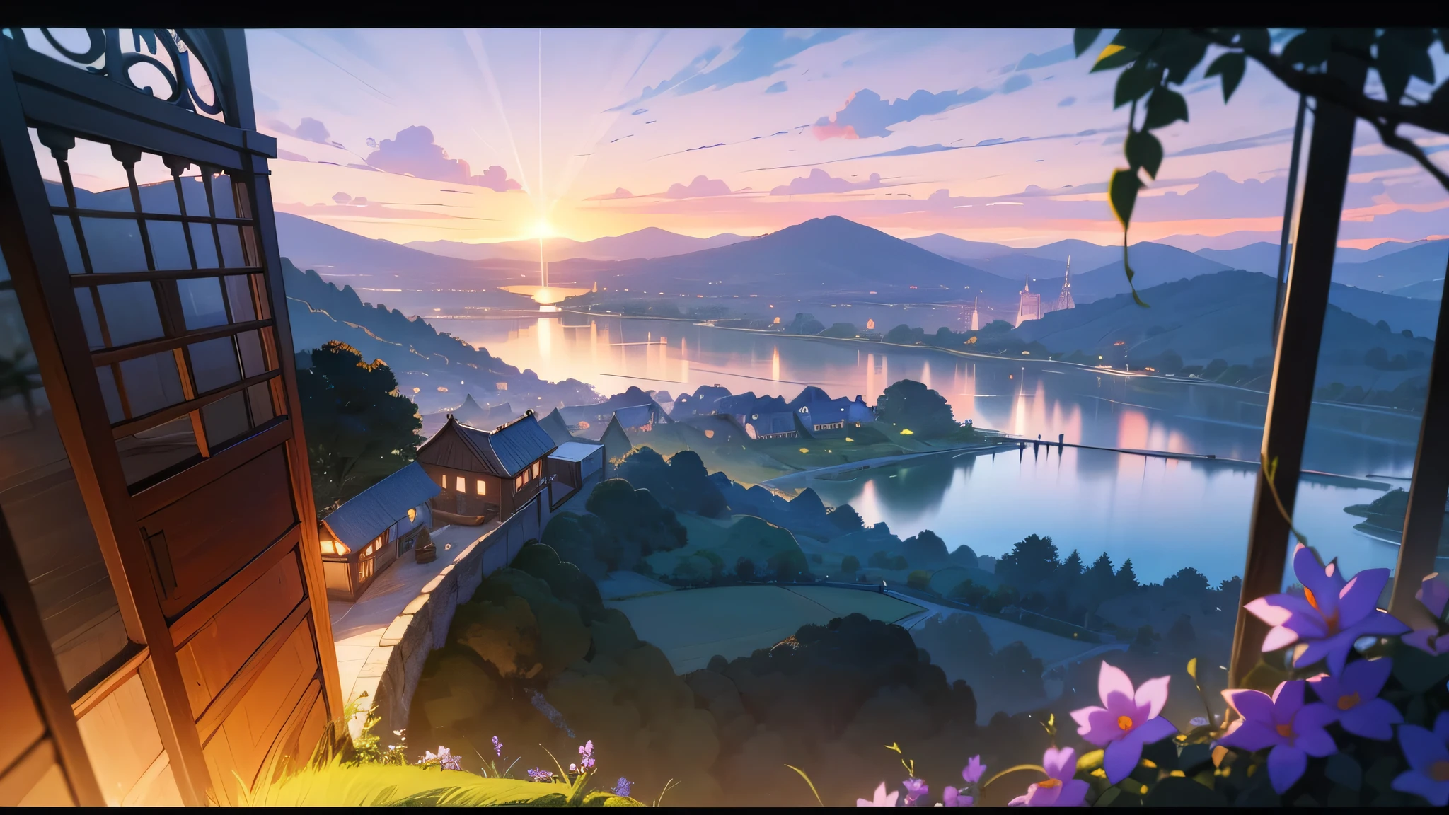 At the edge of tranquility, Azure Lake、It is a picturesque village surrounded by rolling hills and vibrant flower fields. The quaint cottage is decorated with blooming vines, Eta、A charming stone bridge across the tranquil sea, Connecting the Village with the Green Village, Untouched forest. The air is filled with the sweet aroma of wild herbs, And as the sun goes down, The sky turns into a warm orange canvas, pink there, and purples, Cast a magical glow on idyllic scenes. It is a calm and enchanting view that captivates the soul. Super masterpiece, 8K, Best Quality, Ultra-detailed, Cinematic and beautiful lighting, Intricate details, Looking at Viewer, depth of fields,natta,Fantastic scenery at night