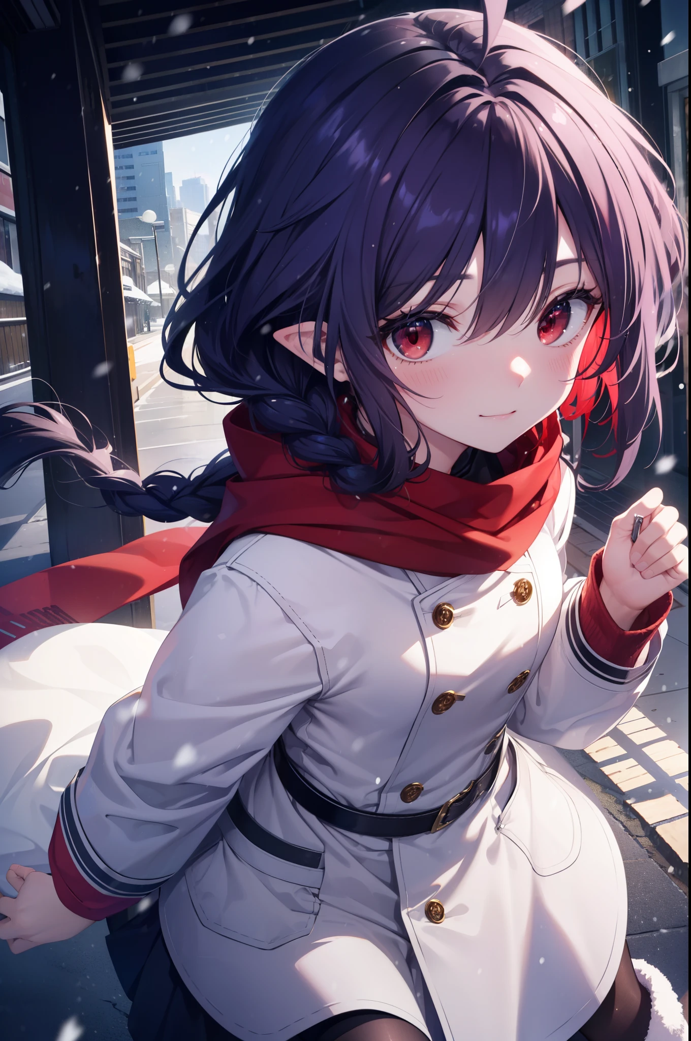 yuukikonno, Yuki Konno, purple hair band, 長いhair, pointed ears,Ahoge, 紫のhair, short braid,hair(red eyes:1.5), (small breasts:1.2),mouth open,shy,blush,smile,red muffler,white long coat,black sweater,Red long skirt,short boots,winter,cold sky,It's snowing,snow is falling,looking down from above,
break looking at viewer, Upper body, whole body,
break outdoors, In town,building street,
break (masterpiece:1.2), highest quality, High resolution, unity 8k wallpaper, (figure:0.8), (detailed and beautiful eyes:1.6), highly detailed face, perfect lighting, Very detailed CG, (perfect hands, perfect anatomy),