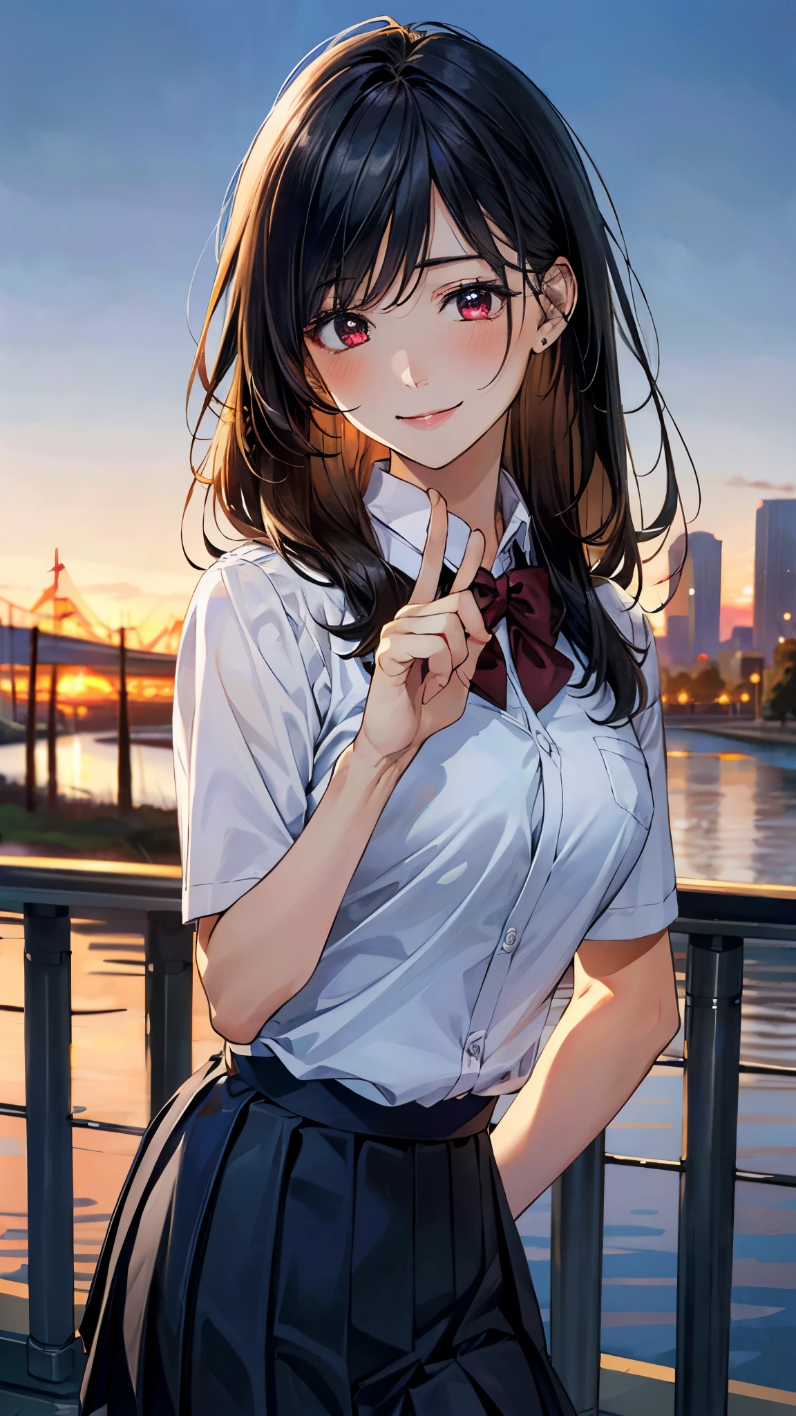(masterpiece:1.2, top-quality), (realistic, photorealistic:1.4), beautiful illustration, (natural side lighting, movie lighting),
looking at viewer, (extreme close-up), 1 girl, japanese, high school girl, perfect face, (perfect anatomy), cute and symmetrical face, shiny skin,
(middle hair, straight hair, black hair), asymmetrical bangs, dark red eyes, long eye lasher, (medium breasts, seductive thighs, big ass),
beautiful hair, beautiful face, beautiful detailed eyes, beautiful clavicle, beautiful body, beautiful chest, beautiful thigh, beautiful legs,
((insanely detailed clothes, white collared shirt, navy pleated skirt, dark red bow tie)),
(beautiful scenery), depth of field, evening, (riverside, cityscape in the distance), standing, (index finger raised), (lovly smile, upper eyes),