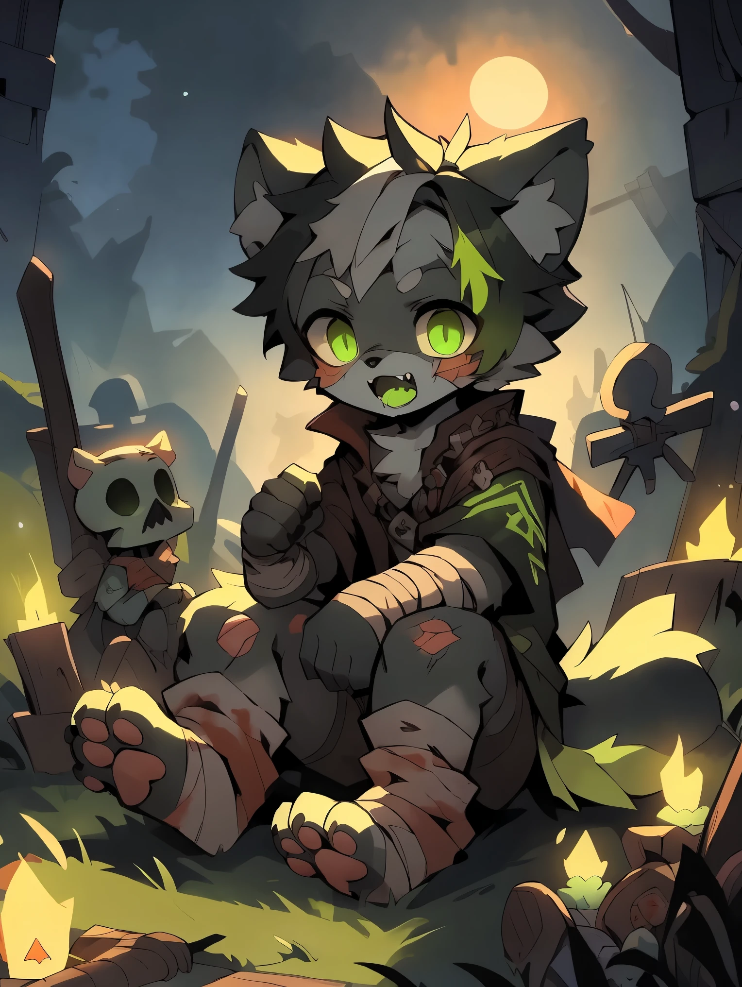 masterpiece, highest quality, soft lighting, intricate details, soft lines, 16k,night,shadow,dark environment, Own, doll,wolf boy,Shota,hero,Both,hero Bothe,undead,broken body,skeleton,Huge wounds,sharp fangs,Black and fluorescent green tones,paw pads,wounds,fluorescent green blood,blood stains,green tongue,green saliva,corpse,tattered clothes,Dirty bandages,Plush paw,paw pads,Fluorescent green pickaxe dyes,green slime,grave,funeral ground