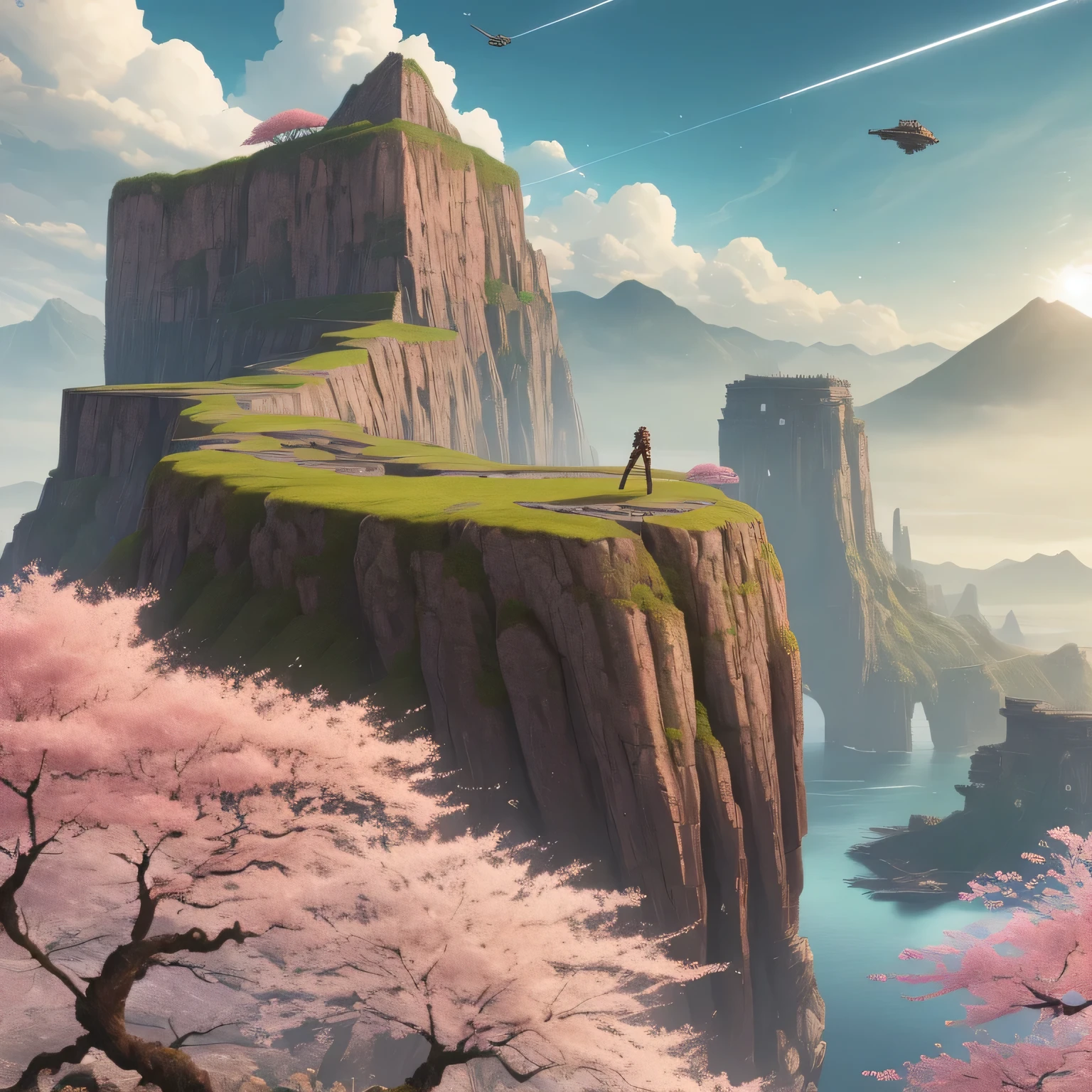 Grass, Rusted metal, cliff, SF, wallpaper, WLOP, Professional, very detailed, perfect lighting; digital illustration, scenic, HDR, 64k,cherry blossoms,masterpiece, 最high quality, high quality, very detailed CG unity 8k wallpaper, scenery, outdoors, null, cloud, Day, there are no humans, Mountain, landscape
