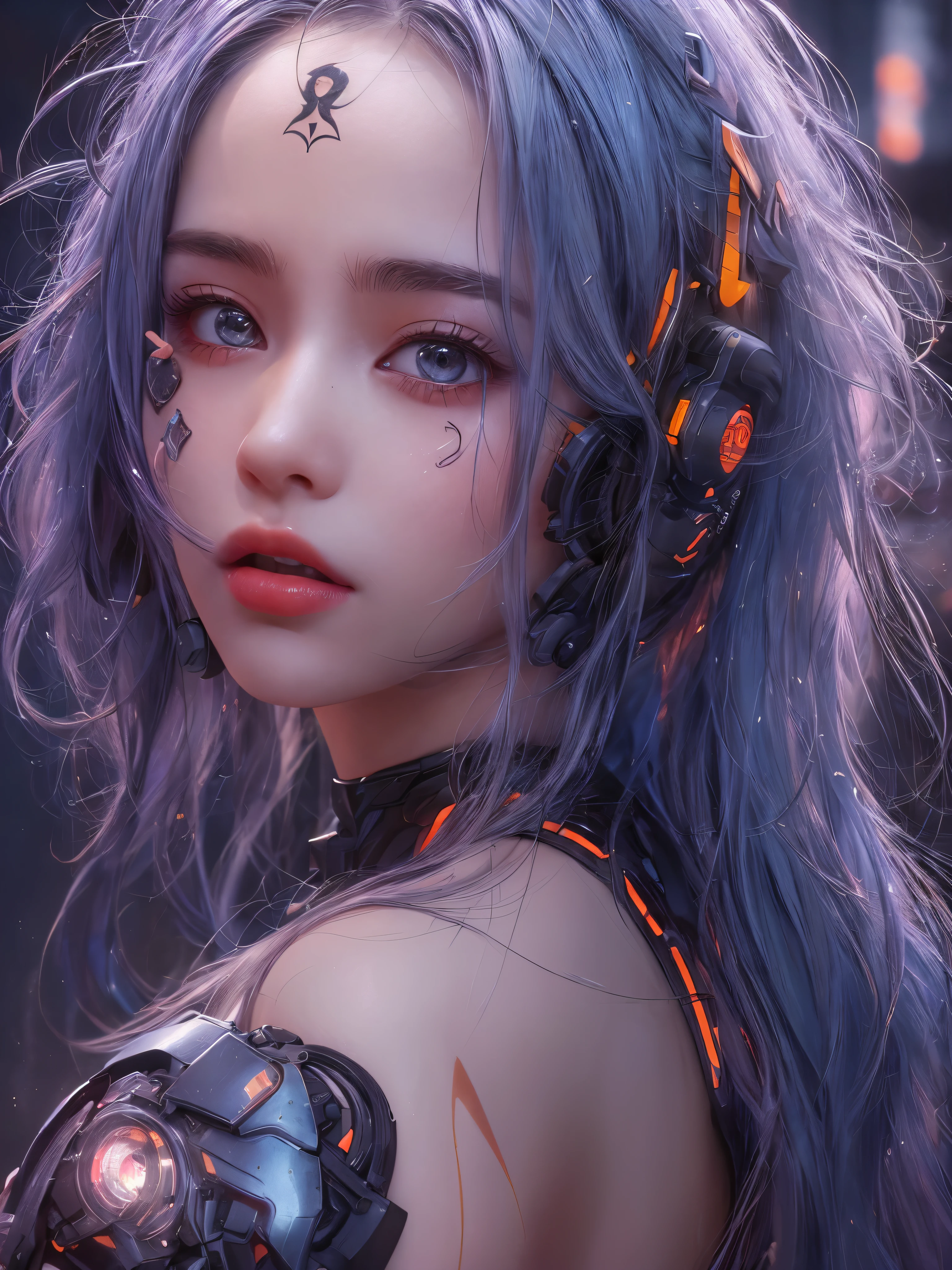 Masterpiece, 1 beautiful girl, Detailed eye, Swollen eyes, top quality, 超A A high resolution, (reality: 1.4), cinema lighting, very, very beautiful, Beautiful skins, Thin, frame, Forward-facing, (Hyperrealistic), (A high resolution), (8K), (very detailed), ( best illustration), (beautifully detailed eyes), (ultra detailed), detailed face, bright lighting, professional lighting、The most beautiful and sexy cyberpunk girl, purple hair, Yellow eyes, Dark African skin, wears incredibly detailed combat armor in a futuristic cyberpunk style.., Huge, Huge, giant tits, Cleavage show, tons of tattoos and piercings, in a hyperfuturistic metropolis, cherry blossoms fluttering in the wind, cinematic, невероятно совершенный Masterpiece, high quality, A high resolution