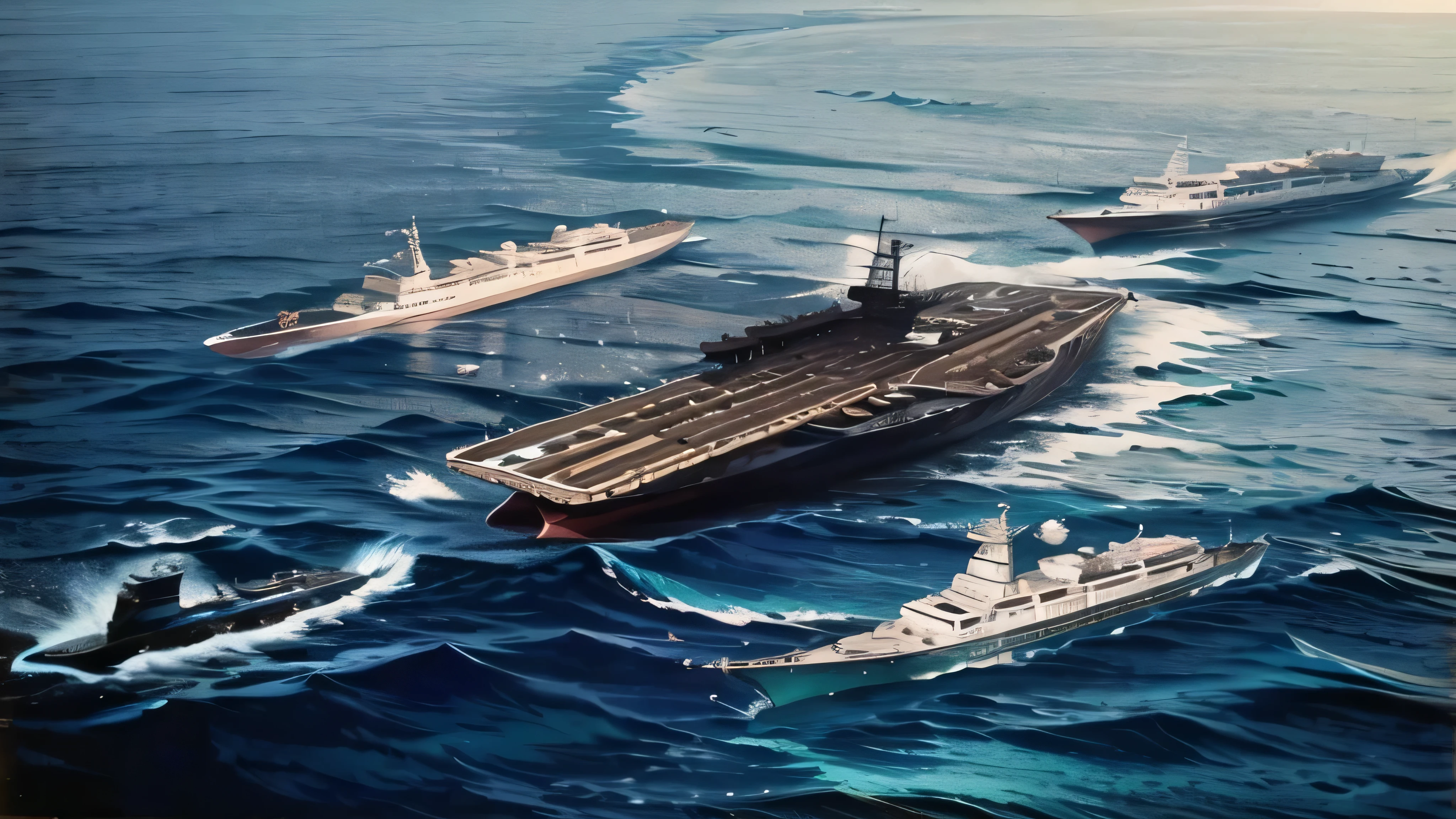 there are three Boat in the water near a boat, aircraft carrier scene, Fleet on the horizon, aircraft carrier, author:Bob Linwood, author:Howard Lyon, author:Richard Mayhew, by Derek Hill, Boat, author:Leonard Lang, warBoat, Nimitz, Realistic military aircraft carrier, author:Thomas Dalziel, by David B. Mattingly