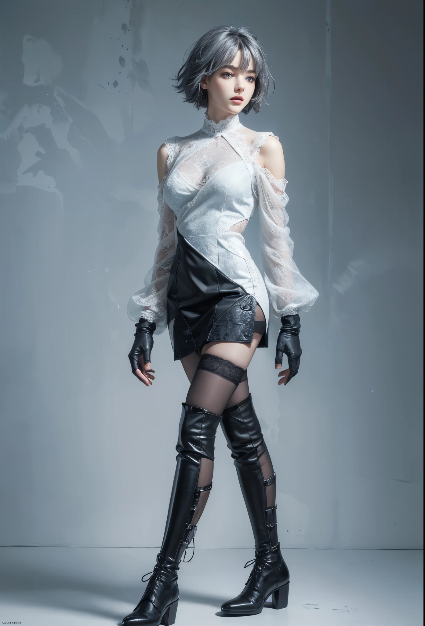 ultra detailed, beautiful, masterpiece, best quality, _ BREAK Beautiful and cute perfect model, Tightened all body, medium Breasts, _ BREAK (short hair, _ BREAK Perfect geometric art to match fashion background, blurry background, Fog, mist, _ BREAK (all body shot, sitting and model pose:1.6), BREAK (Cyber punk dress, wide Sleeves:1.3), (black theme:1.3), (mandarin collar:1.2), (intricate patchwork of lace and leather:1.2), (triangular silhouette skirt:1.2), (gray hair, blue eyes:1.2),