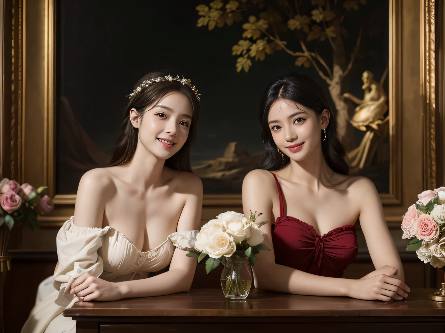 Jacques-Louis David painting style,Arguments of two female Philosophe,math、astronomical machine、astronaut、roses in vase、fruits、Cute trinkets、smile、ancient greek costume、Background is a forest lake at night 、Clothes that stretch your shoulders、A big smile、beautiful bare skin、A detailed representation of the seducing woman throughout her body.