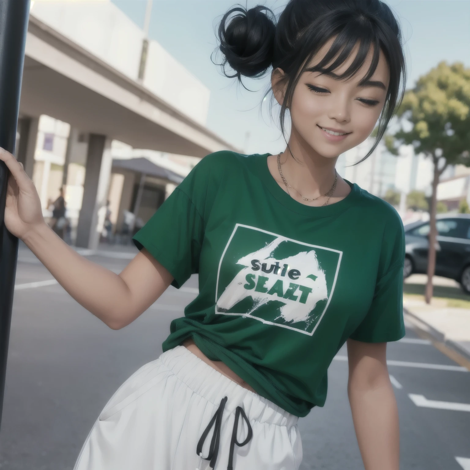 Cute woman, black hair, messy bun, squinted eyes, cute smile, baggy green t shirt, white track pants
