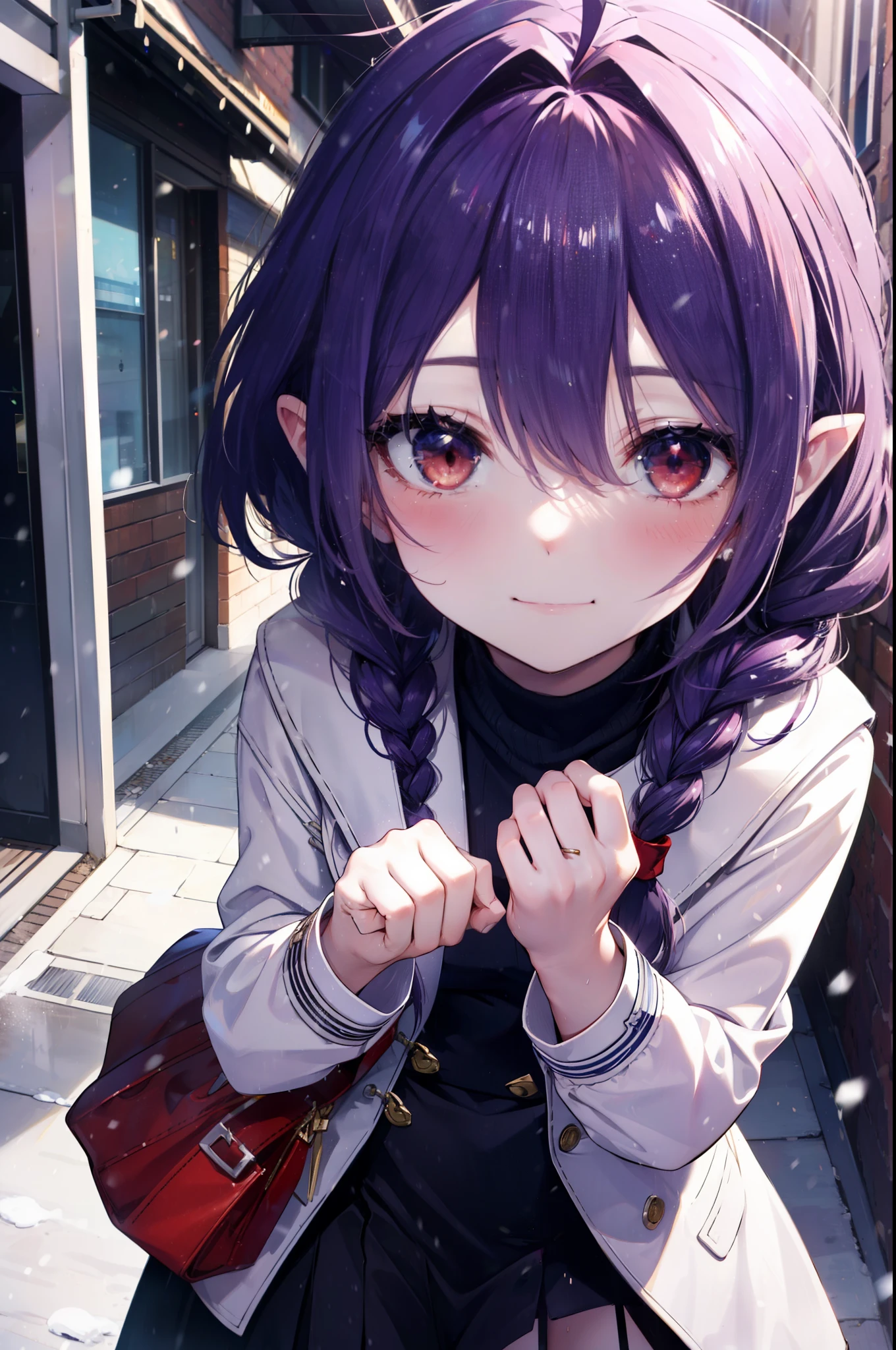 yuukikonno, Yuki Konno, purple hair band, long hair, pointed ears,Ahoge, purple hair, short braided hair,shoulder length and short braids,(red eyes:1.5), (small breasts:1.2),mouth open,shy,blush,smile,red muffler,white long coat,black sweater,Red long skirt,short boots,winter,cold sky,It's snowing,snow is falling,looking down from above,
break looking at viewer, Upper body, whole body,
break outdoors, In town,building street,
break (masterpiece:1.2), highest quality, High resolution, unity 8k wallpaper, (figure:0.8), (detailed and beautiful eyes:1.6), highly detailed face, perfect lighting, Very detailed CG, (perfect hands, perfect anatomy),