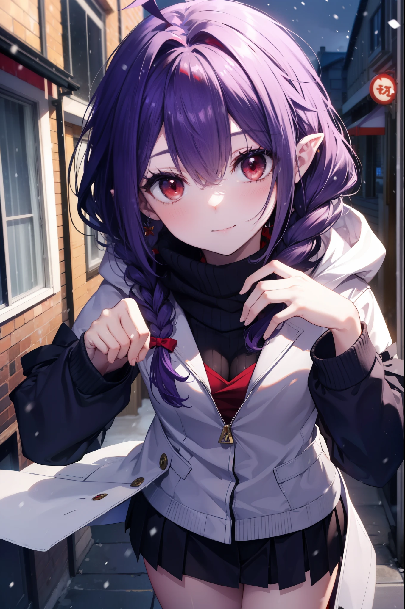 yuukikonno, Yuki Konno, purple hair band, long hair, pointed ears,Ahoge, purple hair, short braided hair,shoulder length and short braids,(red eyes:1.5), (small breasts:1.2),mouth open,shy,blush,smile,red muffler,white long coat,black sweater,Red long skirt,short boots,winter,cold sky,It's snowing,snow is falling,looking down from above,
break looking at viewer, Upper body, whole body,
break outdoors, In town,building street,
break (masterpiece:1.2), highest quality, High resolution, unity 8k wallpaper, (figure:0.8), (detailed and beautiful eyes:1.6), highly detailed face, perfect lighting, Very detailed CG, (perfect hands, perfect anatomy),