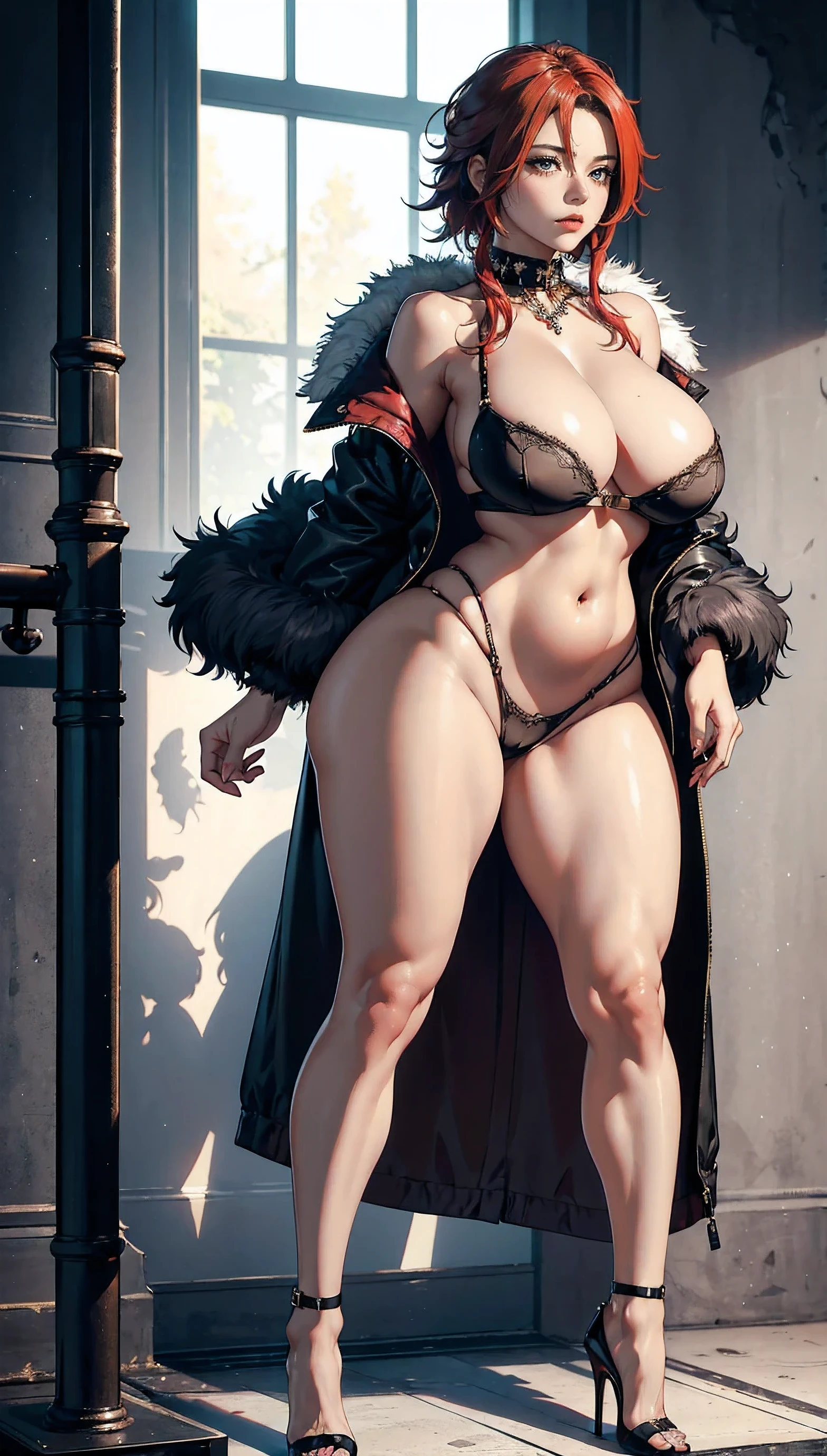 （masterpiece:1.2, highest quality), (highly detailed face, real image, delicate skin tone realistic skin, realistic body,woman１，Authentic nudes with intricate details，fur coat，redhead,messy hair,punk rock hair，boyish，full body shot，long eyelashes，expensive，huge cleavage，big bust，Extra large erect nipples standing pose，big hips, thick chest plate, beautiful feet, and a thin waist，pussy，clearware，whiten skin，high heels